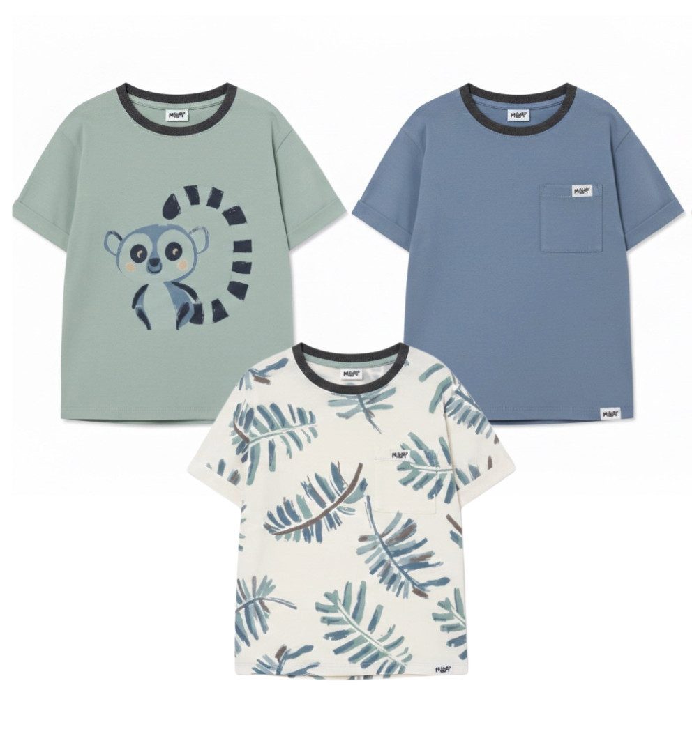 Miloy T-Shirt 3er Set T-Shirts Nature – Baumwolle, Gr. 98-116 (T-Shirt-Set, 3-tlg) Tier- und Naturprints, aufgesetzte Brusttasche