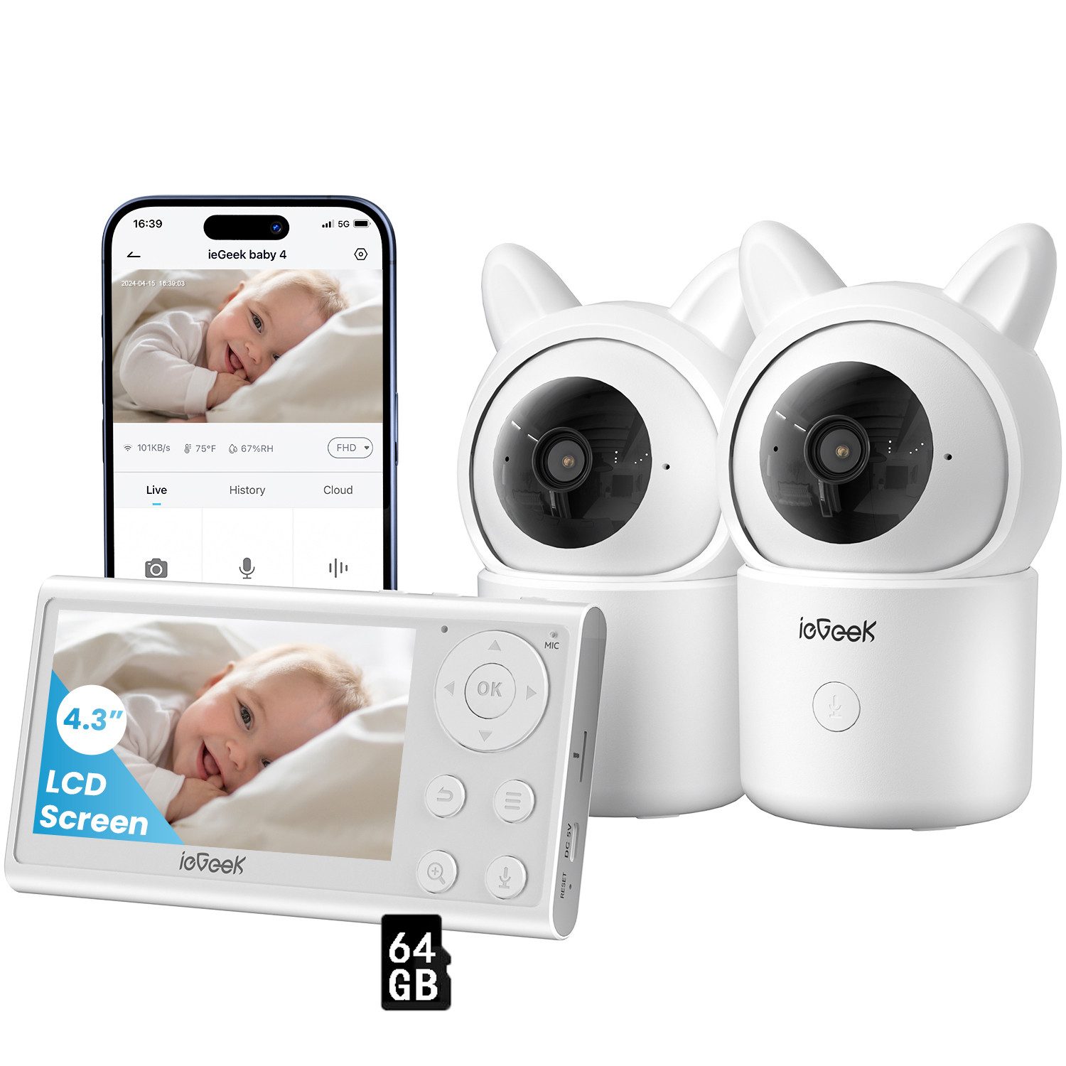 Video-Babyphone 4,3 Zoll WLAN Babyphone mit 2 Kameras 1080P Kamera mit 64GB TF Karte