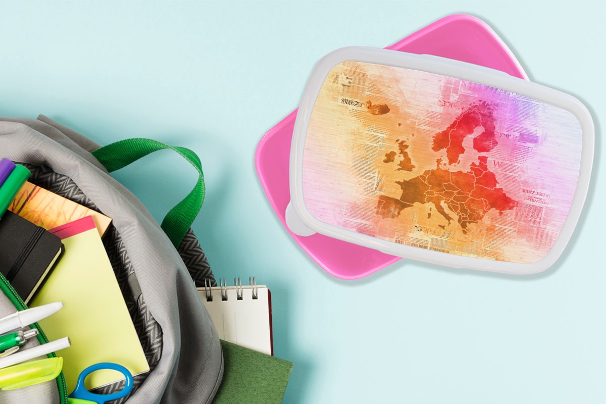 MuchoWow Snackbox, (2-tlg), Mädchen, - Kunststoff Kinder, Brotdose Europa für - Brotbox rosa Kunststoff, Farbenfroh, Erwachsene, Lunchbox Karte