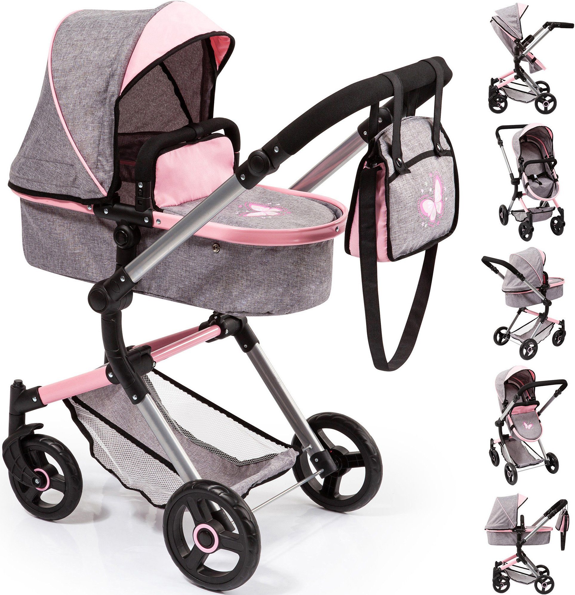 Bayer Kombi-Puppenwagen Vario, grau, mit Wickeltasche