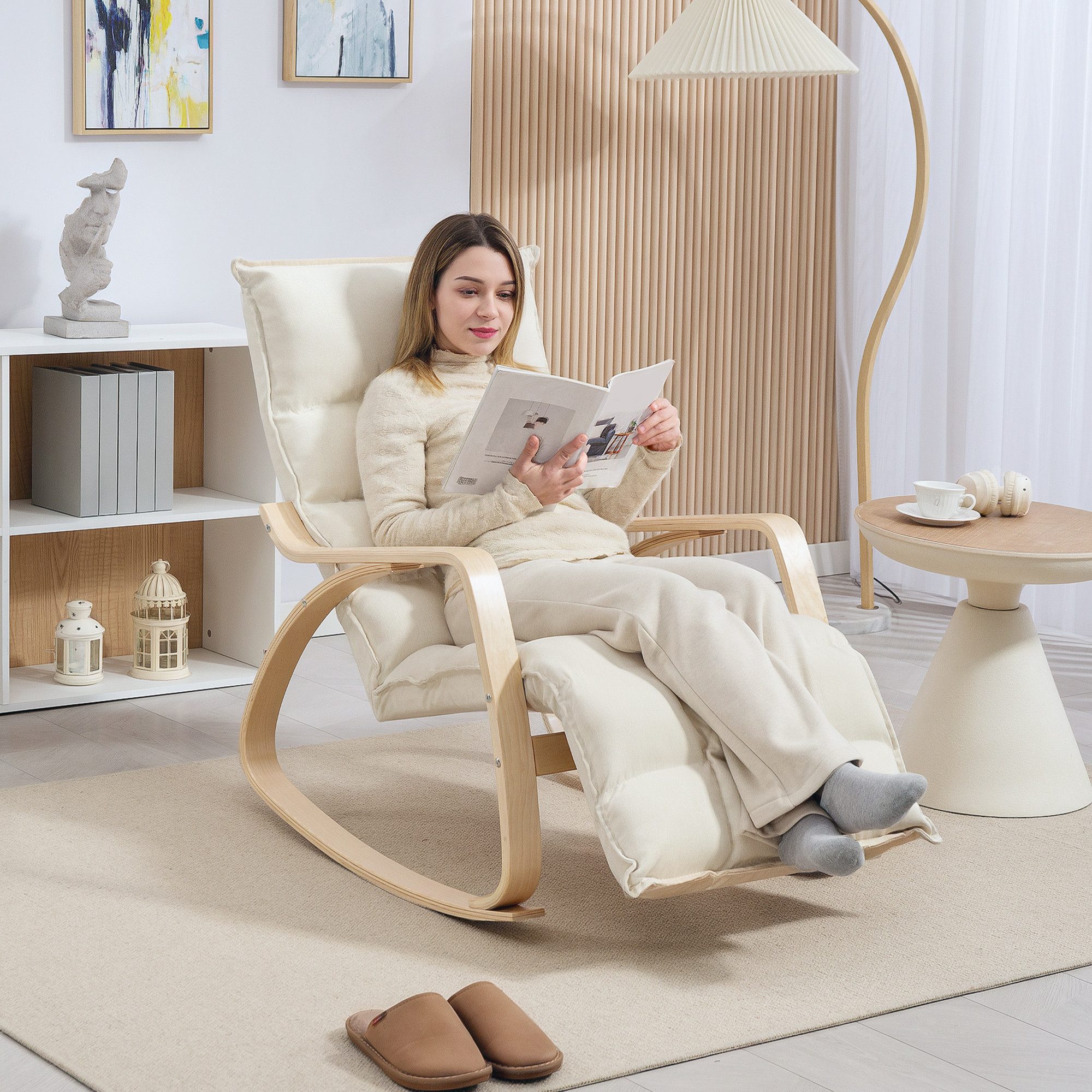 HOMCOM Schaukelstuhl Schaukelsessel mit hoher Rückenlehne, Relaxsessel mit Leinenoptik (Schwingsessel, 1 St), Lesesessel für Wohnzimmer, Schlafzimmer, Balkon Creme