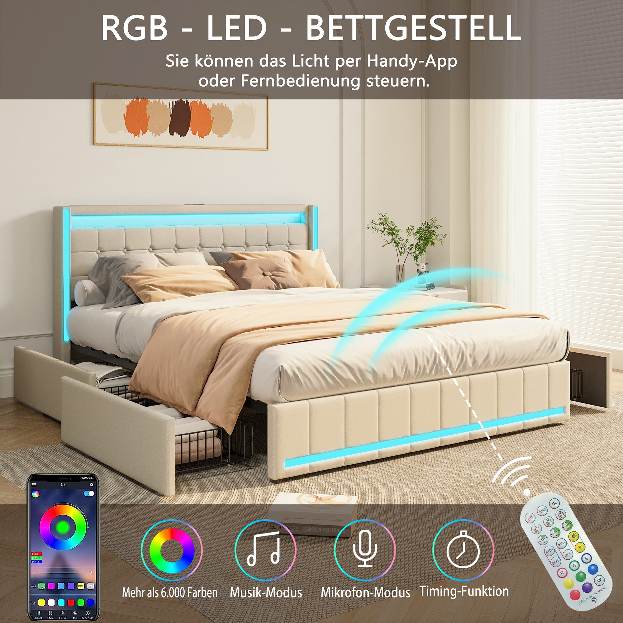 FUROKOY Polsterbett LED-Beleuchtung Doppelbett mit Ladefunktion günstig online kaufen