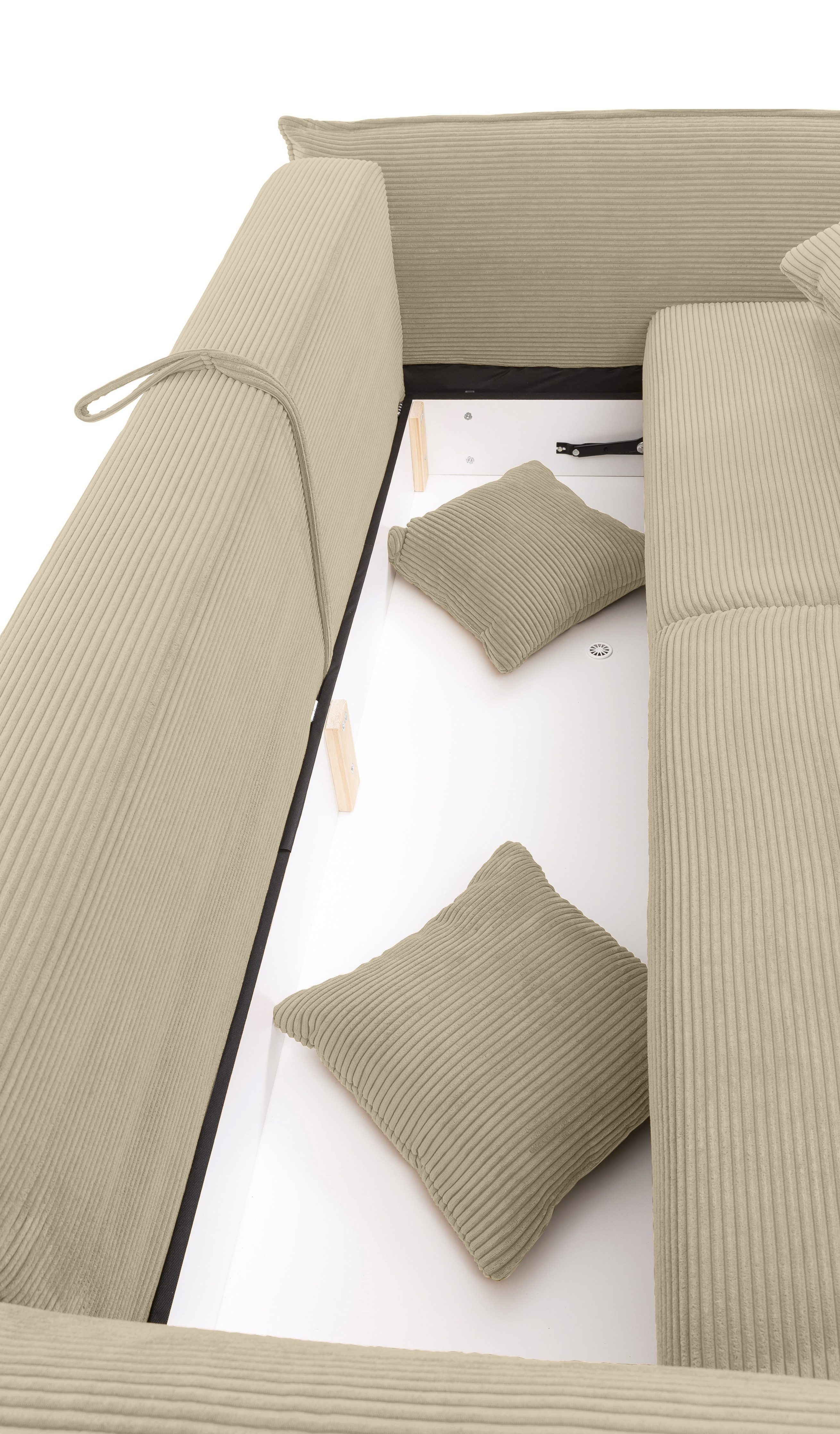 luma-home Big-Sofa 17215, mit Bettfunktion B242/T131/H90 cm, Liegefläche 168x199 cm, rasterlose Armlehnenverstellung, Federkernpolsterung, Wellenunterfederung, Stauraum, Kissen, Bezug Cord Beige Grau