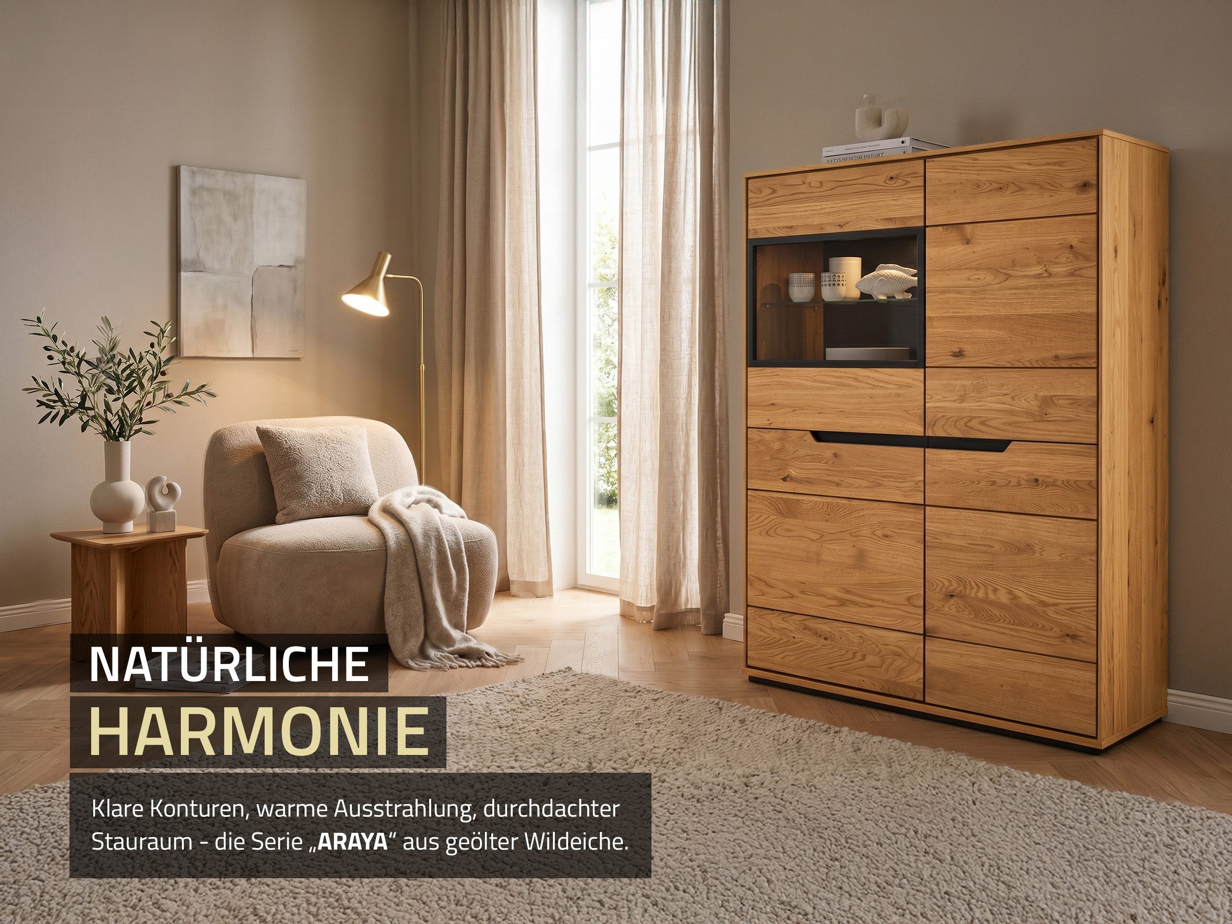 Massivart® Highboard 93 cm Breite Massivholz Wildeiche geölt »ARAYA«, 1 Glastür · 3 Drehtüren · 4 Einlegeböden · schwarze Griffmulden