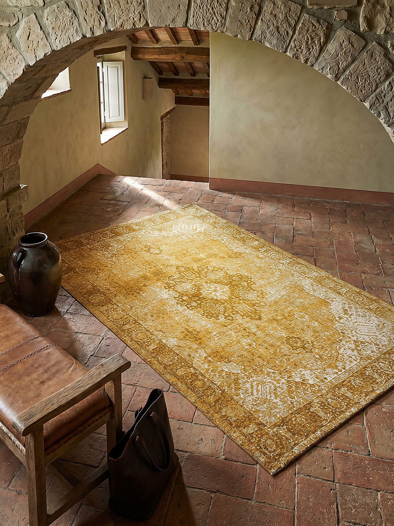 KADIMA DESIGN Teppich COQUET Flachgewebe-Teppich Orient bunt Boho klassisch 120x170 Senfgelb, Rechteckig, Höhe: 4 mm, Acryl-Mischung, pflegeleicht, Fußbodenheizung, weich, rutschfest