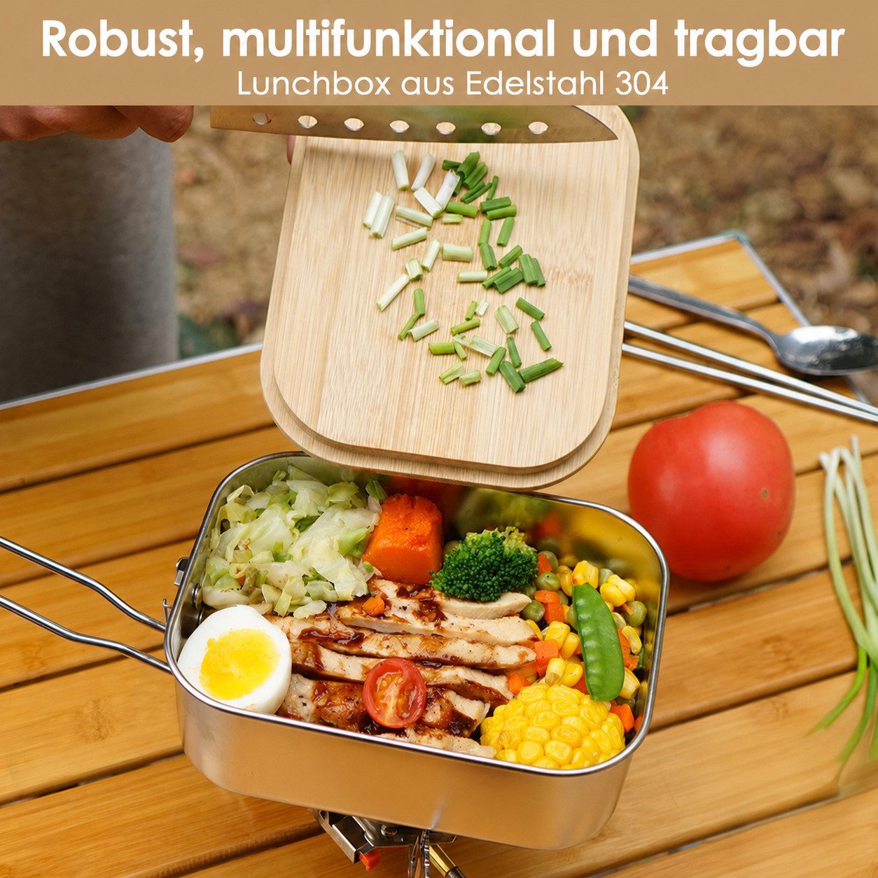 BlingBin Lunchbox 900/1400 ml Edelstahl-Lunchbox,Auslaufsichere Bento-Box mit Abtrennung, Edelstahl, (1er Set, 1-tlg., mit Bambusdeckel und einklappbarem Bügelg – Bild 5 von 5