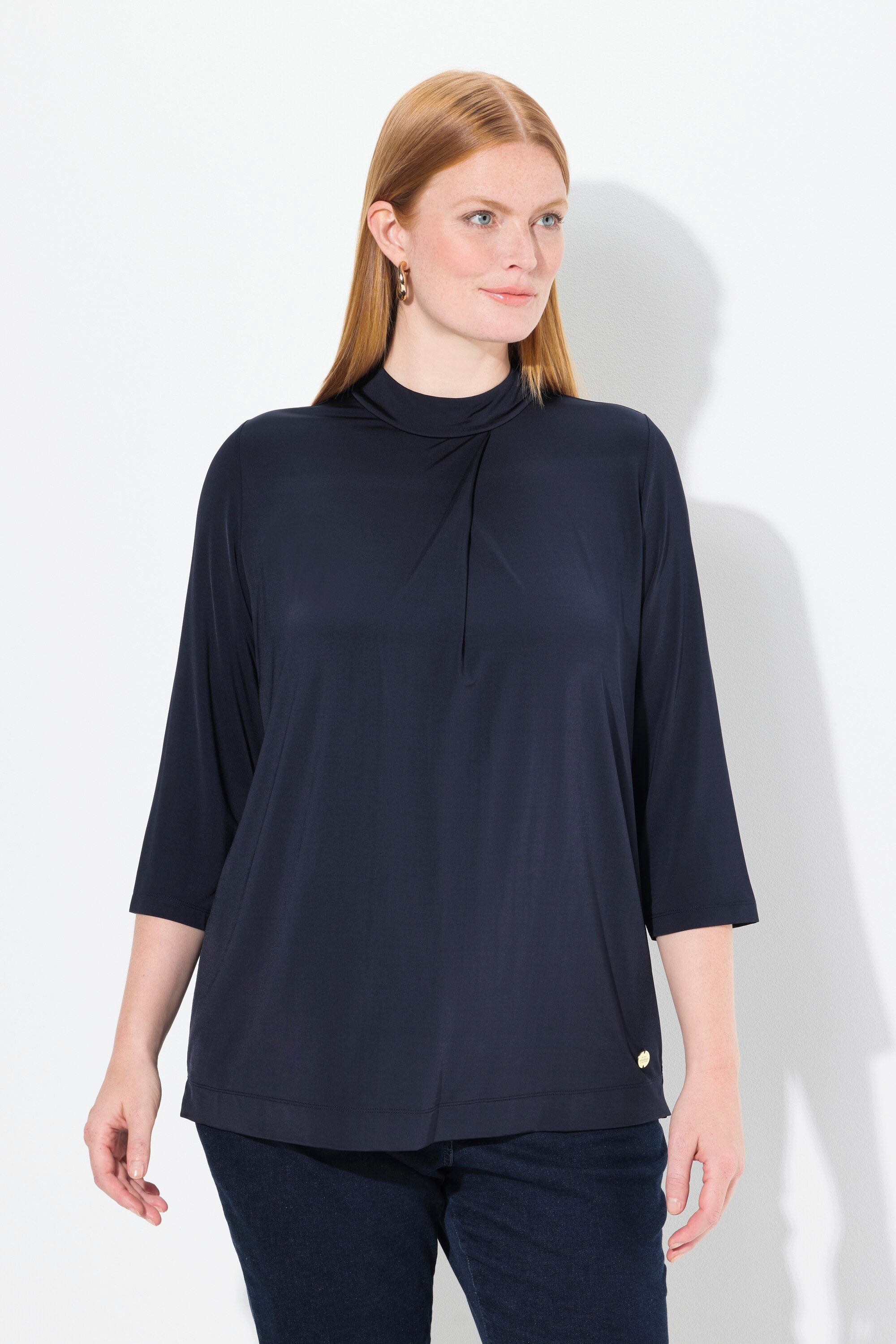 Ulla Popken Longsleeve Slinky-Blusenshirt Zierfalte Stehkragen günstig online kaufen