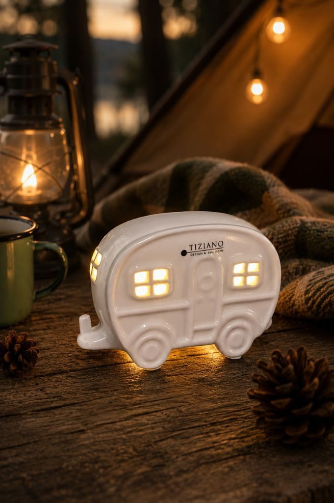 TIZIANO - DESIGN & EMOTIONS Dekofigur Wohnwagen Casina LED 13cm creme