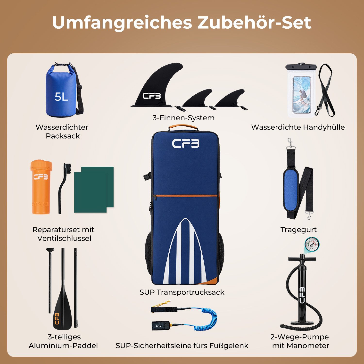CFB SUP-Board Set 320x84x15 cm extra breit, 160 kg Traglast, aufblasbares Stand Up Paddle Board, (Komplett-Set, mit Paddel, Pumpe, Rucksack, 5L Dry Bag und Schultergurt), für Anfänger und Erwachsene