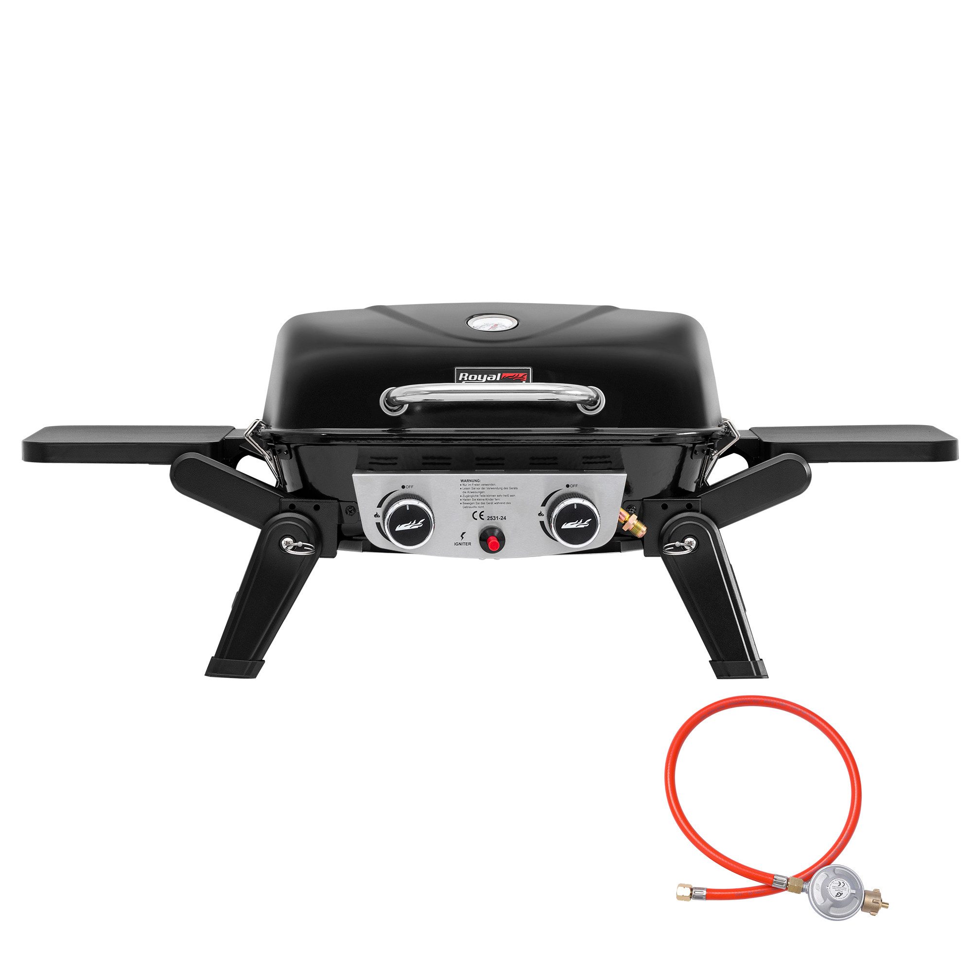 Royal Gourmet Gasgrill 2-Brenner Tragbarer Gasgrill, 5 kW Tischgrill, mit klappbaren Seitentischen, portabler BBQ Grill für Balkon, Schwarz
