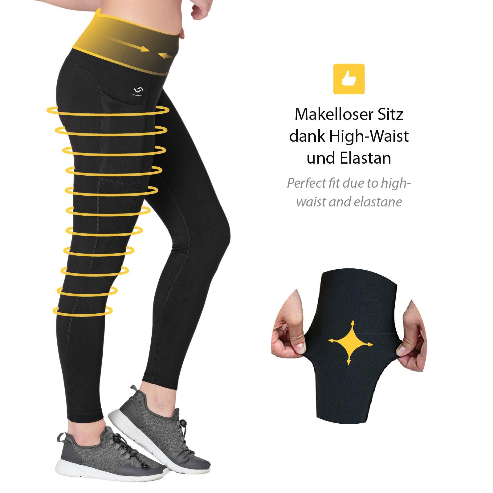 VS Variosports Yogaleggings Damen Yoga Leggings lang, 100% blickdicht, hoher Bund & Handytasche Damen Leggings blickdicht, Recycling Stoff, hoher Bund,4-Wege Stretch