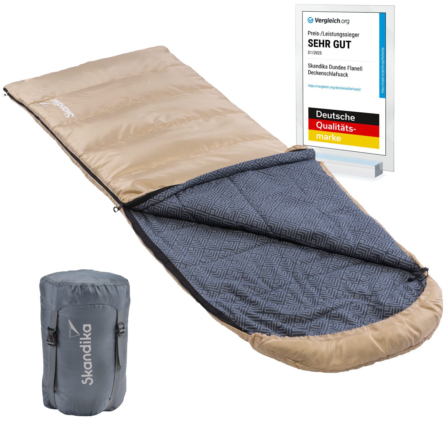 Skandika Deckenschlafsack Dundee Baumwollflanell, Koppelbar, Kopfteil mit Kordel (Reißverschluss mit Webband-Klemmschutz, Innentasche mit Klett), 3 Jahreszeiten, bis -20°C, Packsack mit Kompressionsbändern, 220x80cm
