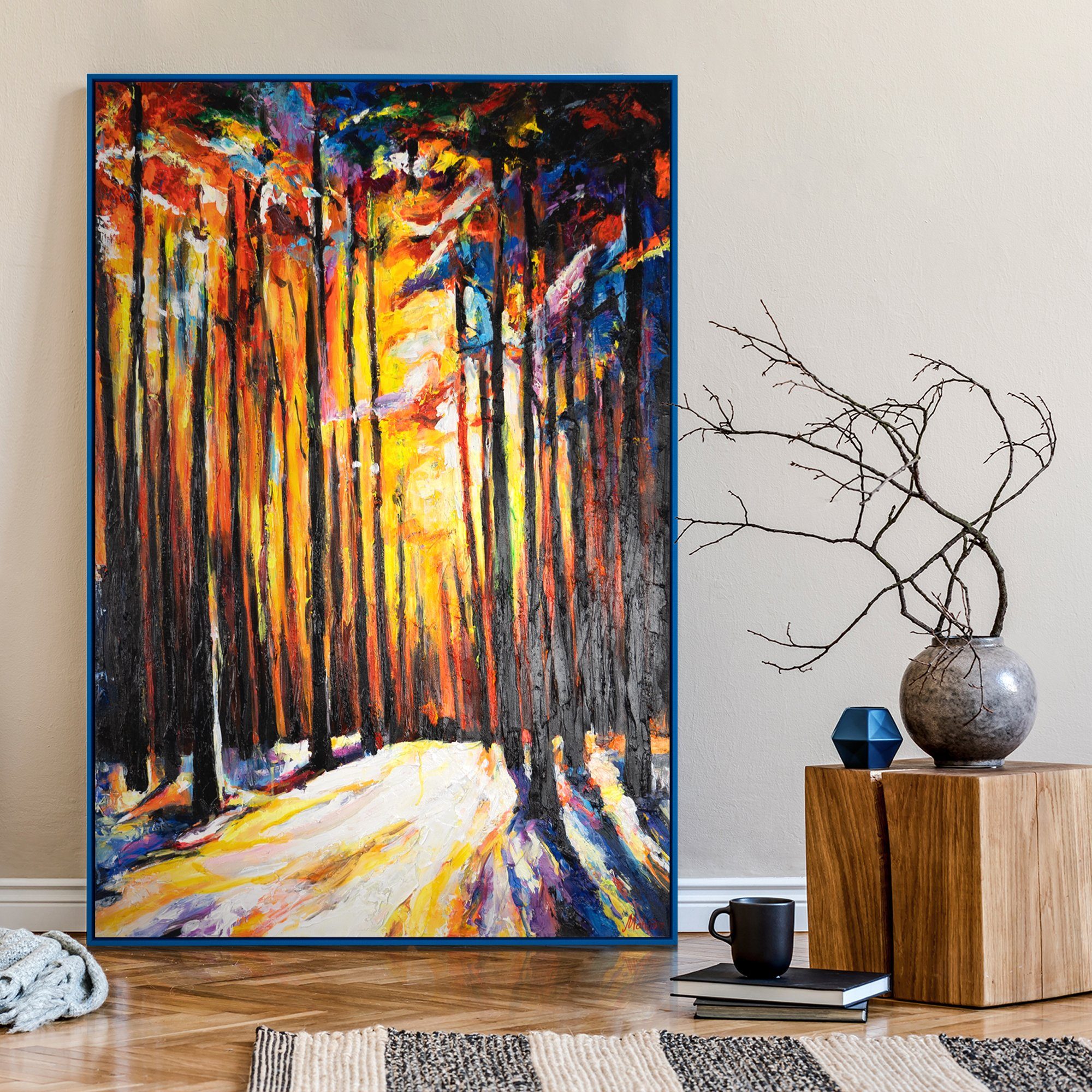 Gemälde Rahmen Waldharmonie, YS-Art Blau Mit Wald in