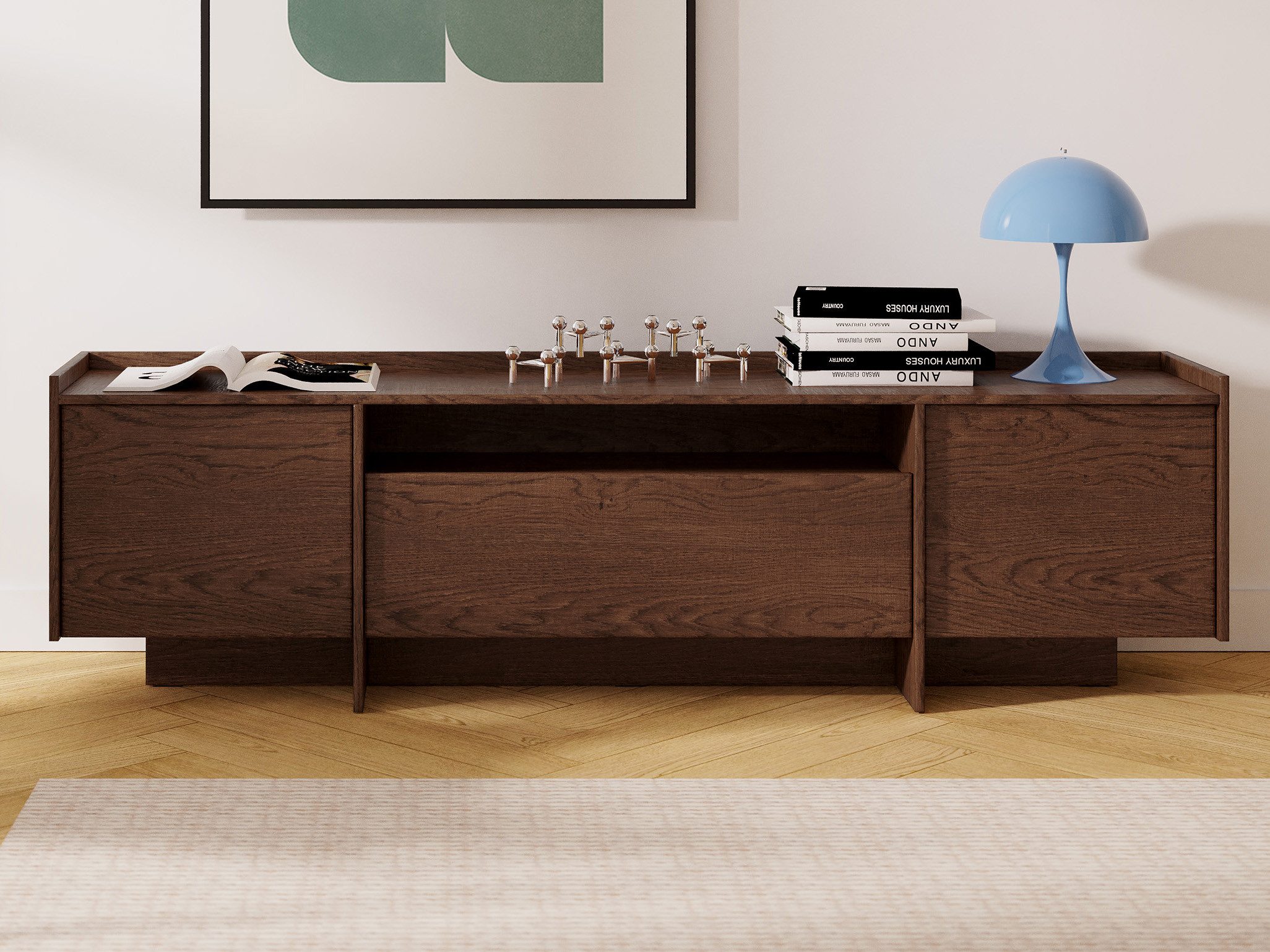 Beautysofa TV-Schrank JUNI mit 3 Türen und offener Ablage (Push-to-Open-Funktion, im Japandi-Stil)