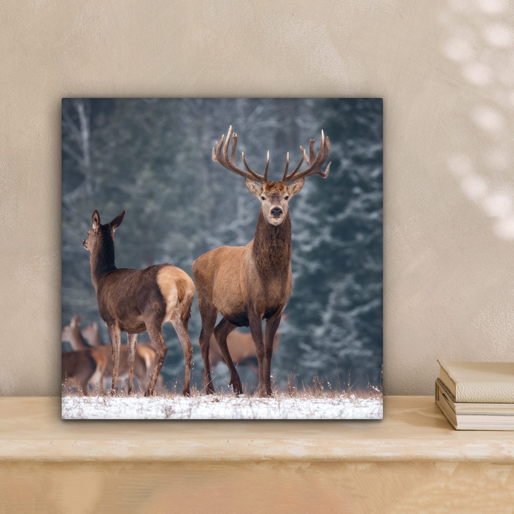 OneMillionCanvasses® Leinwandbild Waldtiere - Hirsche - Landschaft - Winter - Schnee - Natur, Fotodruck (1 St), Wandbild, Deko Schlafzimmer Wohnzimmer Flur 20x20 cm
