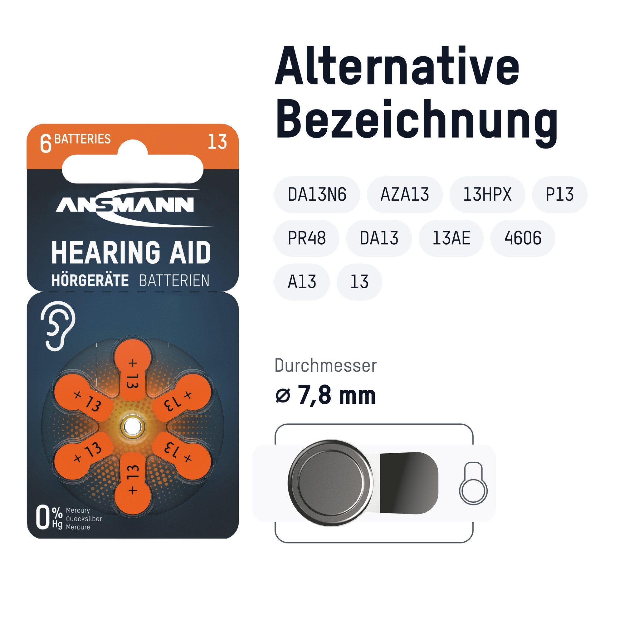 ANSMANN AG Hörgerätebatterien Typ 13 P13 PR48 ZL2, 60 Stück Knopfzelle