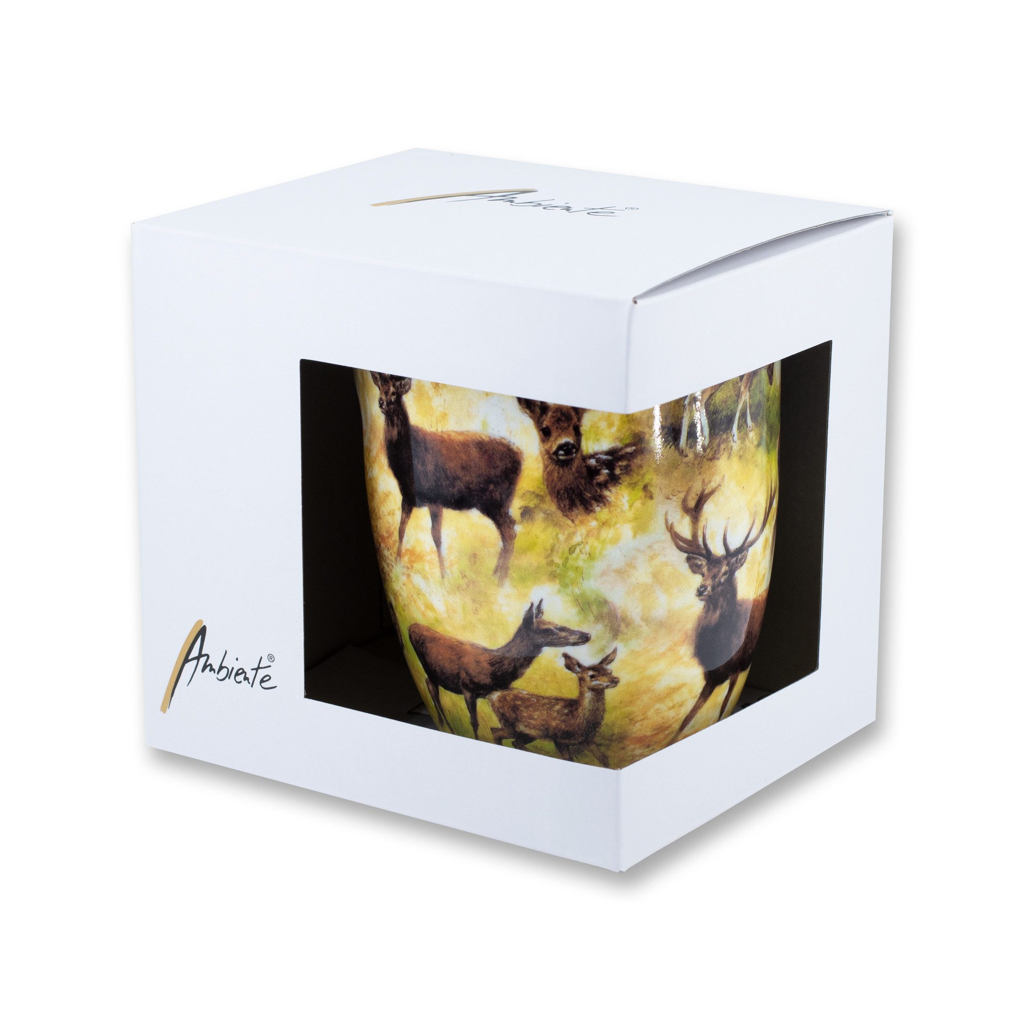 Ambiente Luxury Paper Products Tasse, Keramik, Tasse 10cm Porzellan mit Hirsch & Reh Waldtiere Motiv Braun / Beige