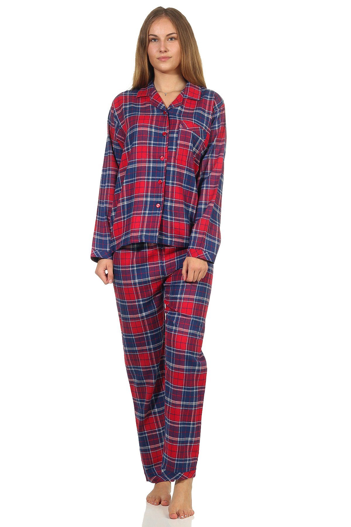 Schlafanzug Knopfleiste Hemdkragen Karo Pyjama kariert Normann mit blau Flanell Damen und