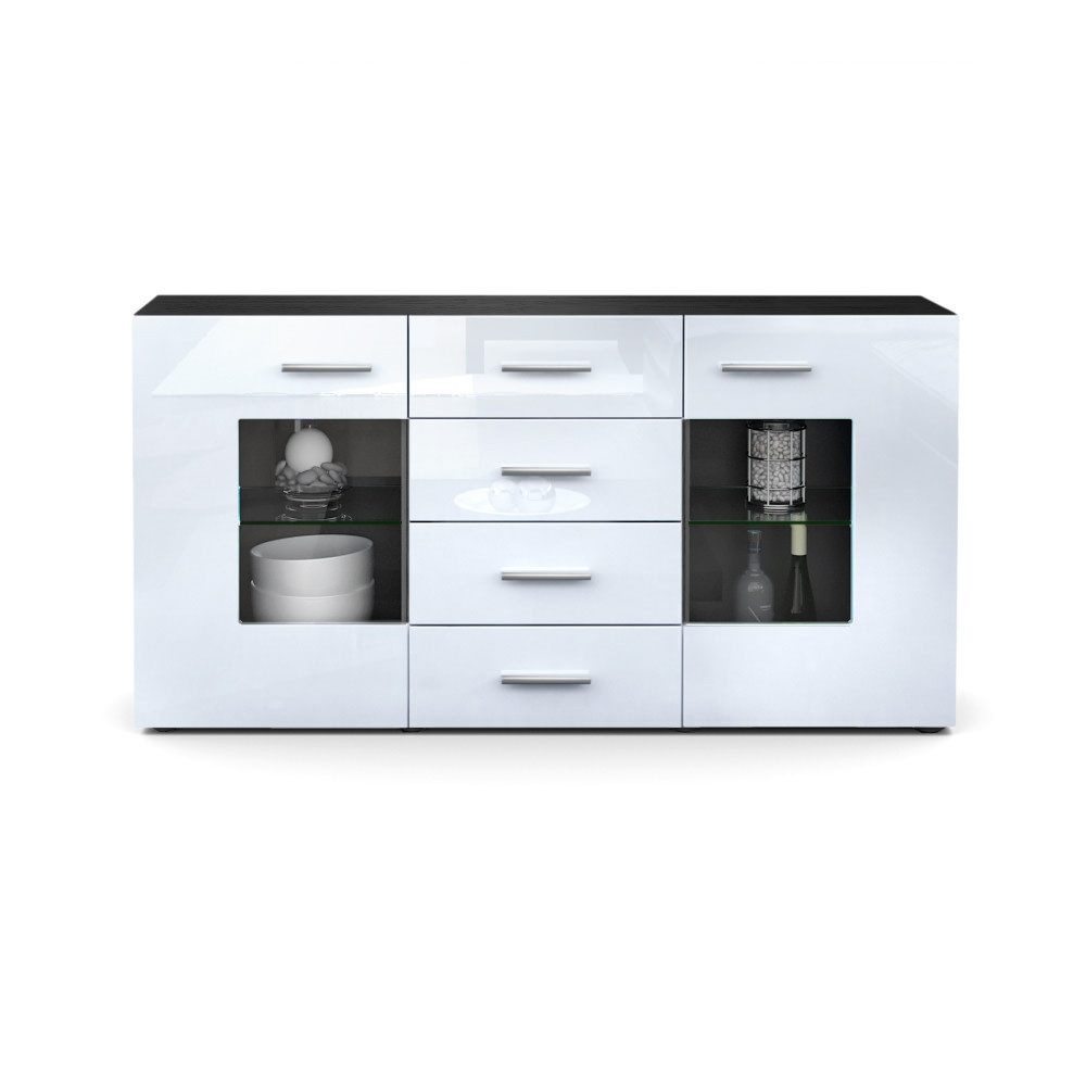Vladon Sideboard Noah V1 (Kommode mit 2 Türen, 4 Schubladen und 2 flexible Glaseinlegeböden), Schwarz matt/Weiß Hochglanz (139 x 72 x 35)