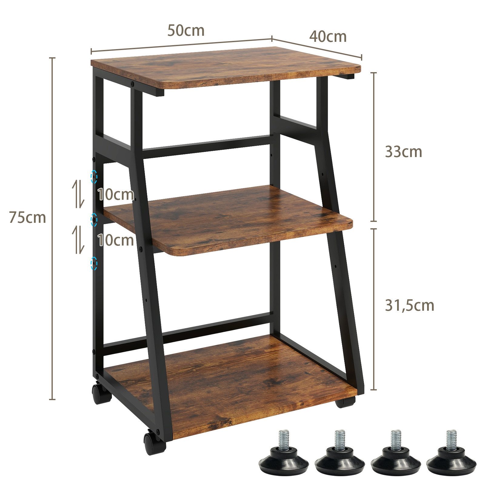 PUNCIA Druckertisch mit Rollen, 3 Ebenen, verstellbarer Fachboden, 50 x 40 x 75cm (1-St), Druckerständer aus Holz & Metall