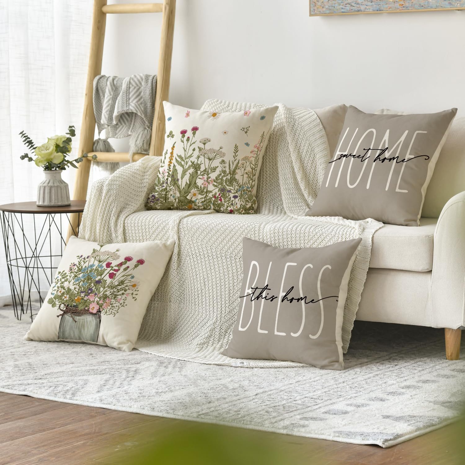 FOUORTUNATE-BEE Kissenbezug 4er Set Mode Antike Kräuter Wilde Blumen Vase Frühling Kissenbezüge, (4 Stück), Zierkissenbezug Couch Deko