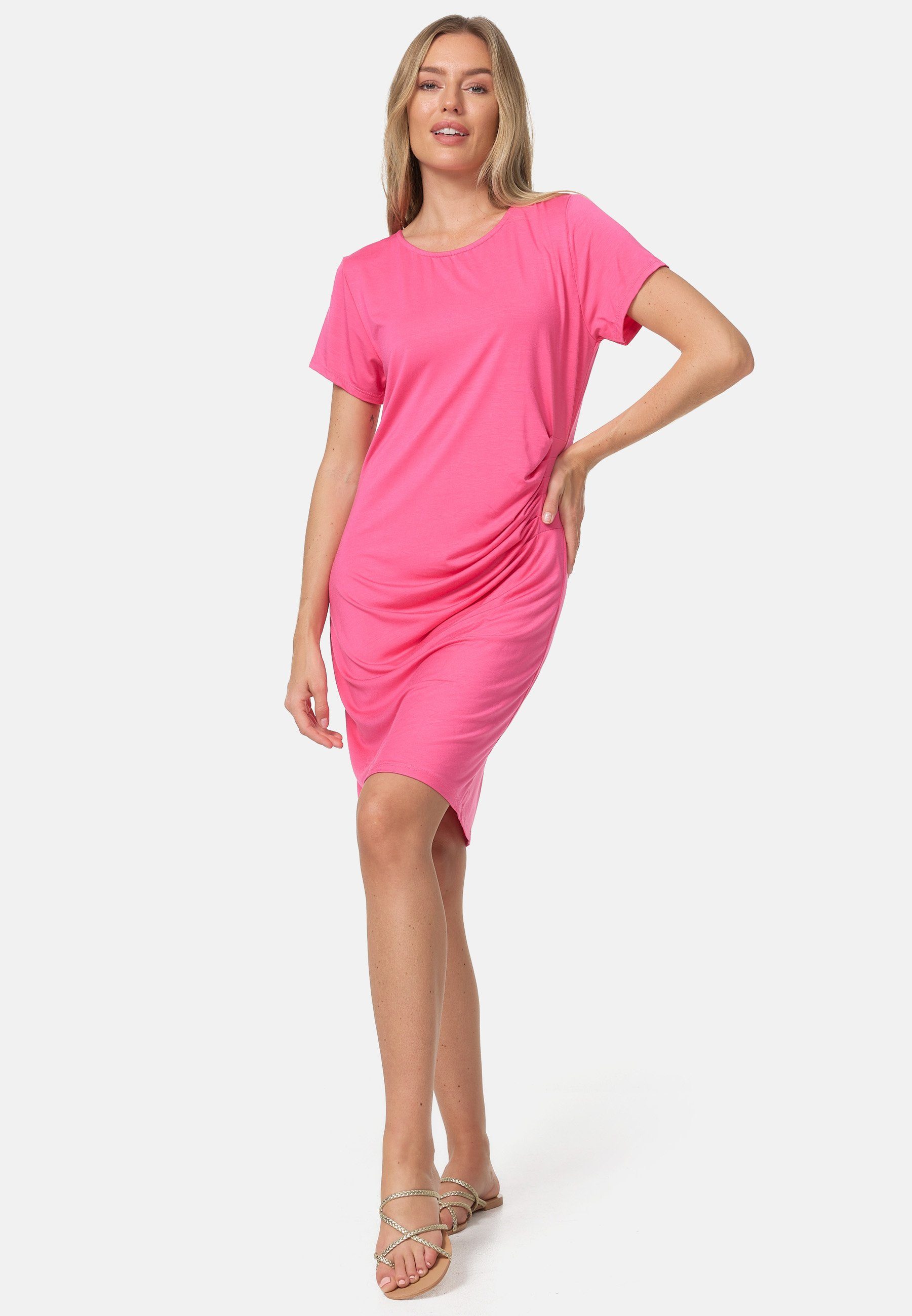 für Elastisch, Sommer Shirtkleid Longshirt, PM41 Seitliche seitlicher Raffung, den Raffung) (Modisches Leicht Shirtkleid Pink SELECTED mit PM