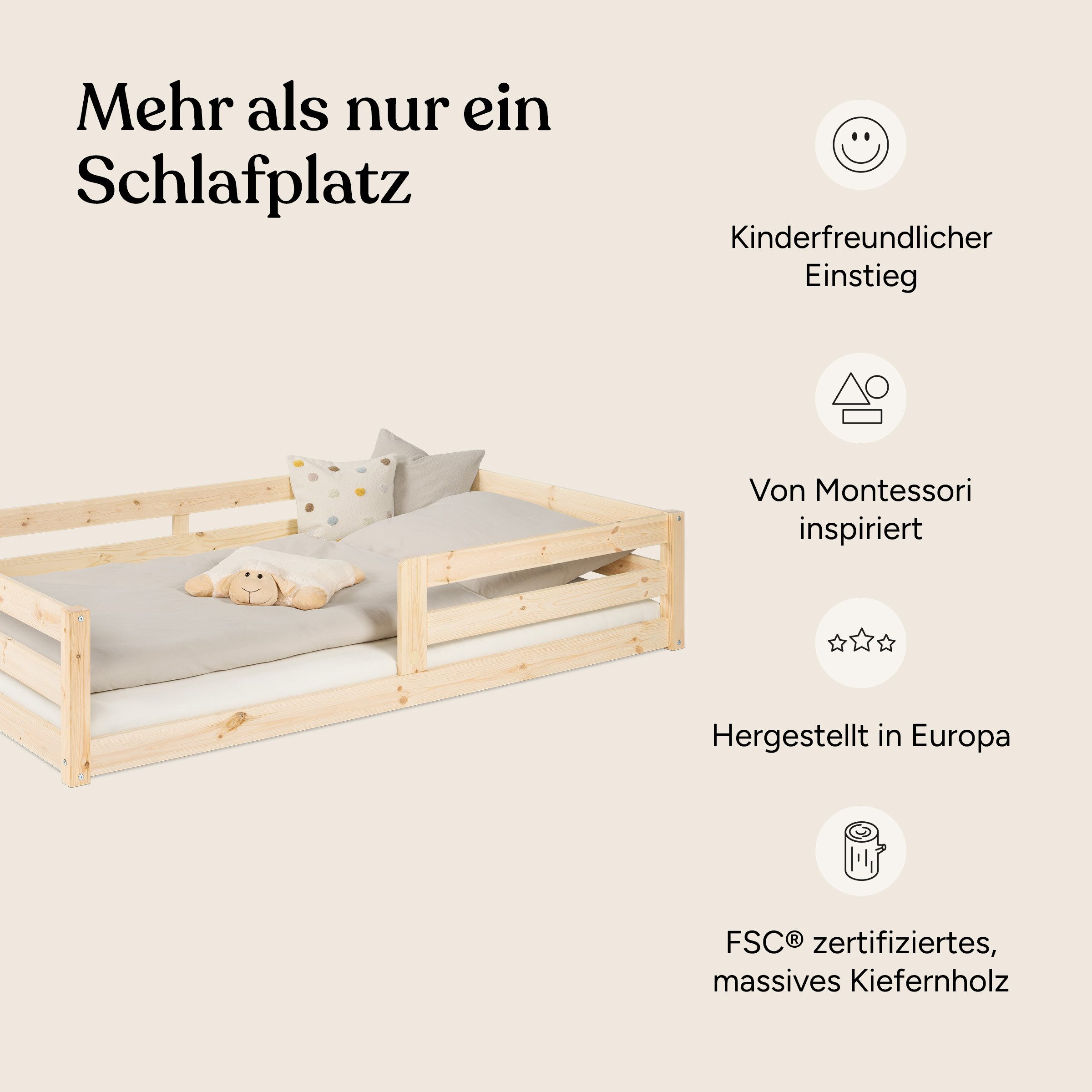 Ehrenkind Kinderbett Bodenbett Sona aus massivem Kieferholz und Rausfallschutz, Montessori Kinderbett 120x200 cm