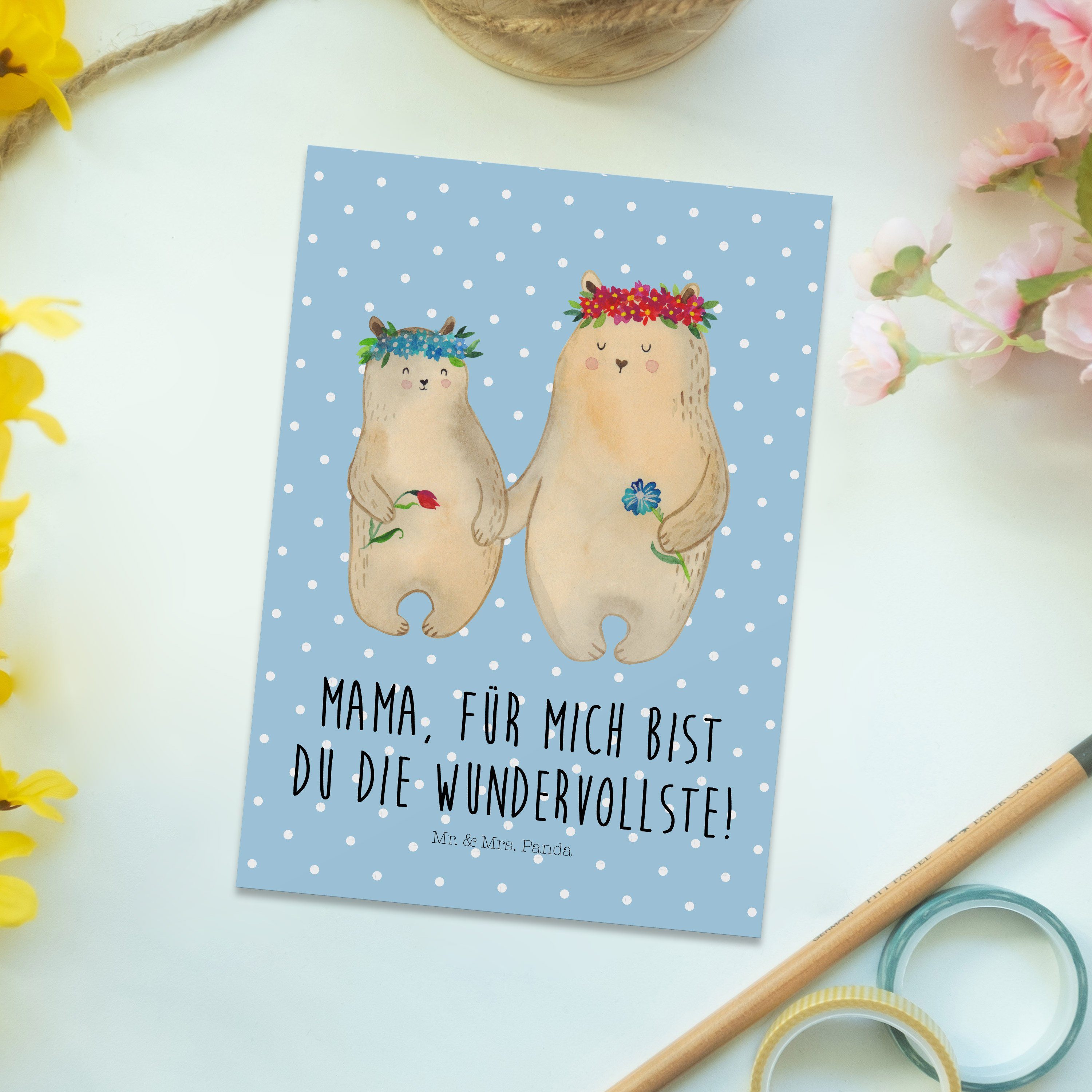Postkarte Mr. Blumenkranz - Geschenk, Liebl & Mama, - Mrs. Pastell Bären Blau Panda Familie, mit