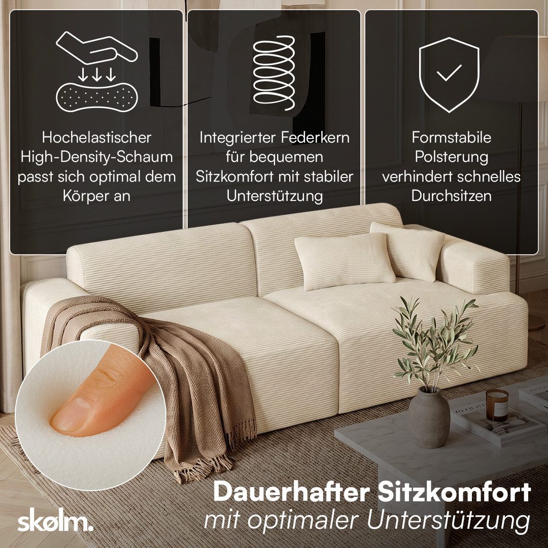 skølm Sofa Freki aus Cord, Vollschaumcouch mit Federkern und Vakuum-Kompression, Beige, Couch 2 Sitzer mit 2 Kissen, kein Aufbau erforderlich, 230 cm breit, gepolstert, vakuumiert