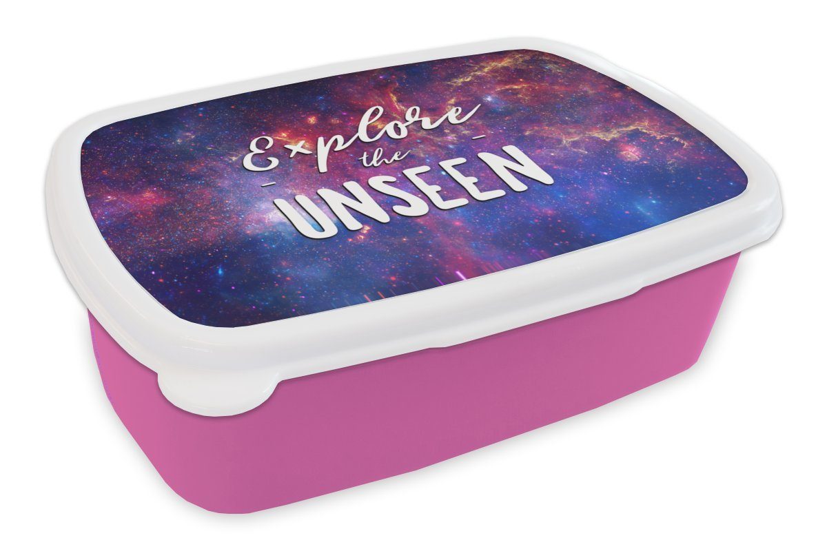 MuchoWow Lunchbox Zitate - Sprichwörter - 'Das Unsichtbare erforschen' - Der Weltraum -, Kunststoff, (2-tlg), Brotbox für Erwachsene, Brotdose Kinder, Snackbox, Mädchen, Kunststoff rosa