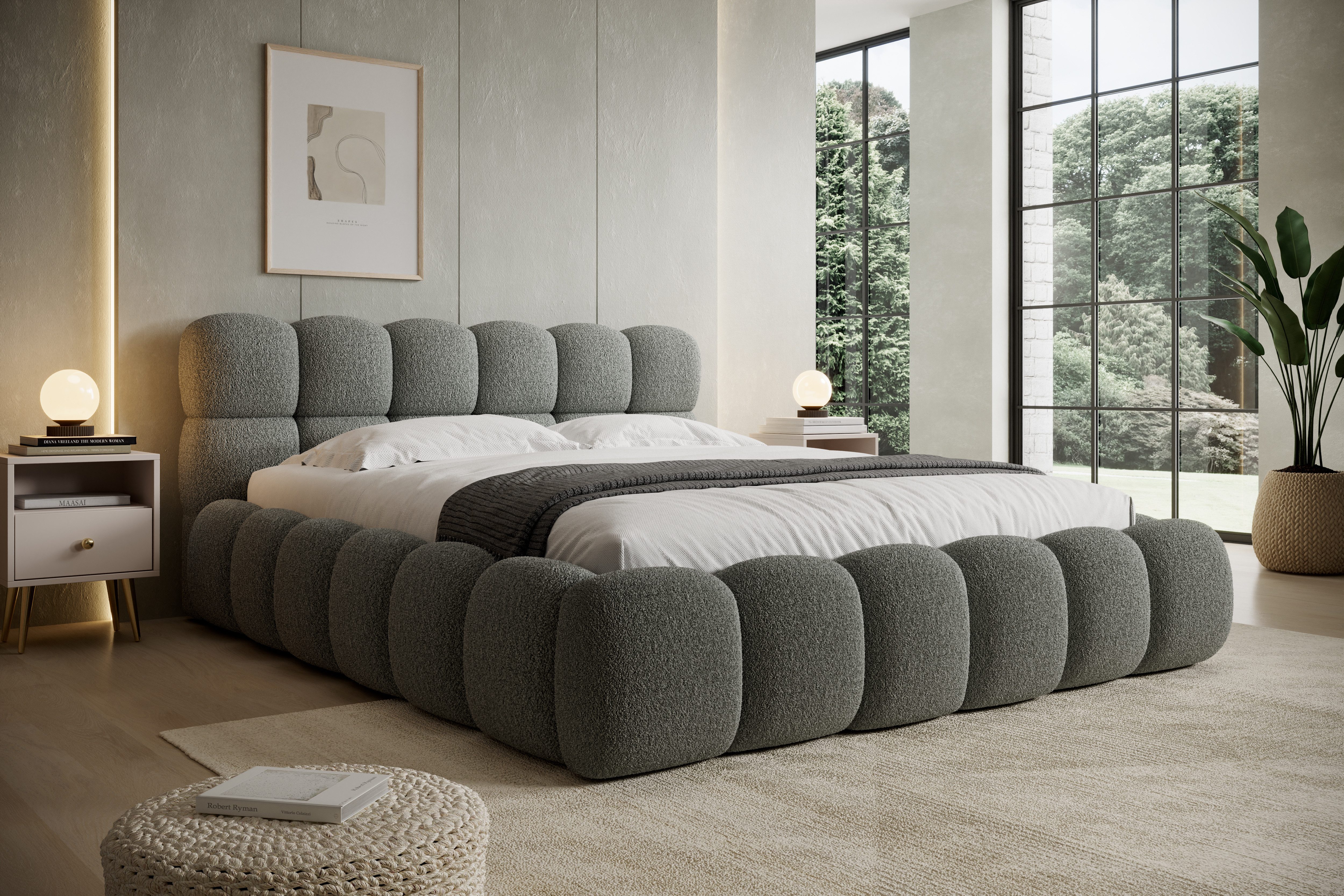 thematys Polsterbett mit Bettkasten 140x200–200x200 cm – Velours oder Bouclé Bezug – (Polsterbett in den Varianten Bouclé (Fredo), Velours (Velutto) - Wolkenbett mit XXL Kopfteil), Wolkenbett mit XXL Kopfteil)