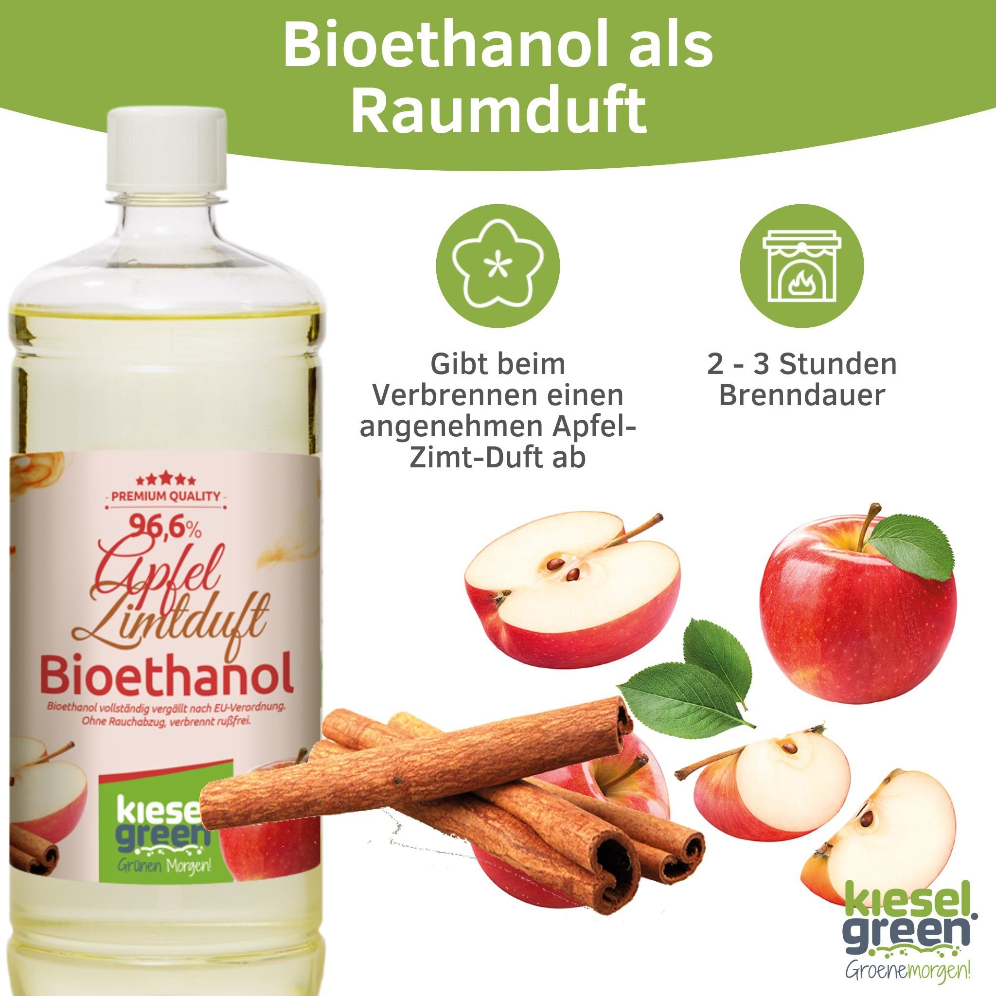 KieselGreen Bioethanol KieselGreen Bioethanol Flasche + Apfel/Zimt-duft Sets 12 x 1 6x 6x + Liter 6x - Geruchlos 6x