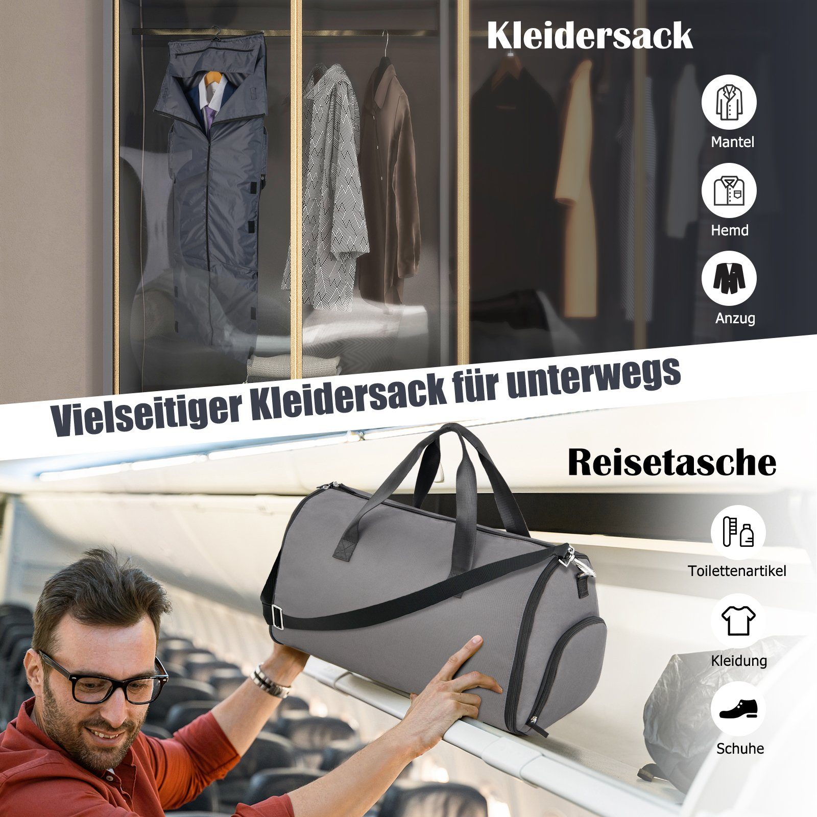 COSTWAY Einkaufstrolley, 50 l, 2in1 Kleidersack, 50L, mit Schuhfach & Schultergurt