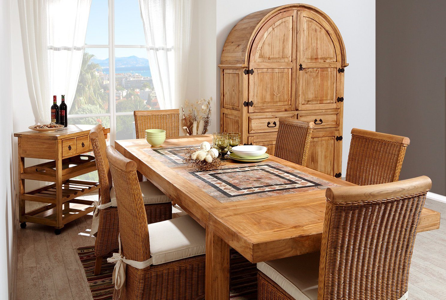 1a Direktimport Esstisch Mexico Möbel Esstisch - Pinie und Marmormosaik - massiv - verlängerbar