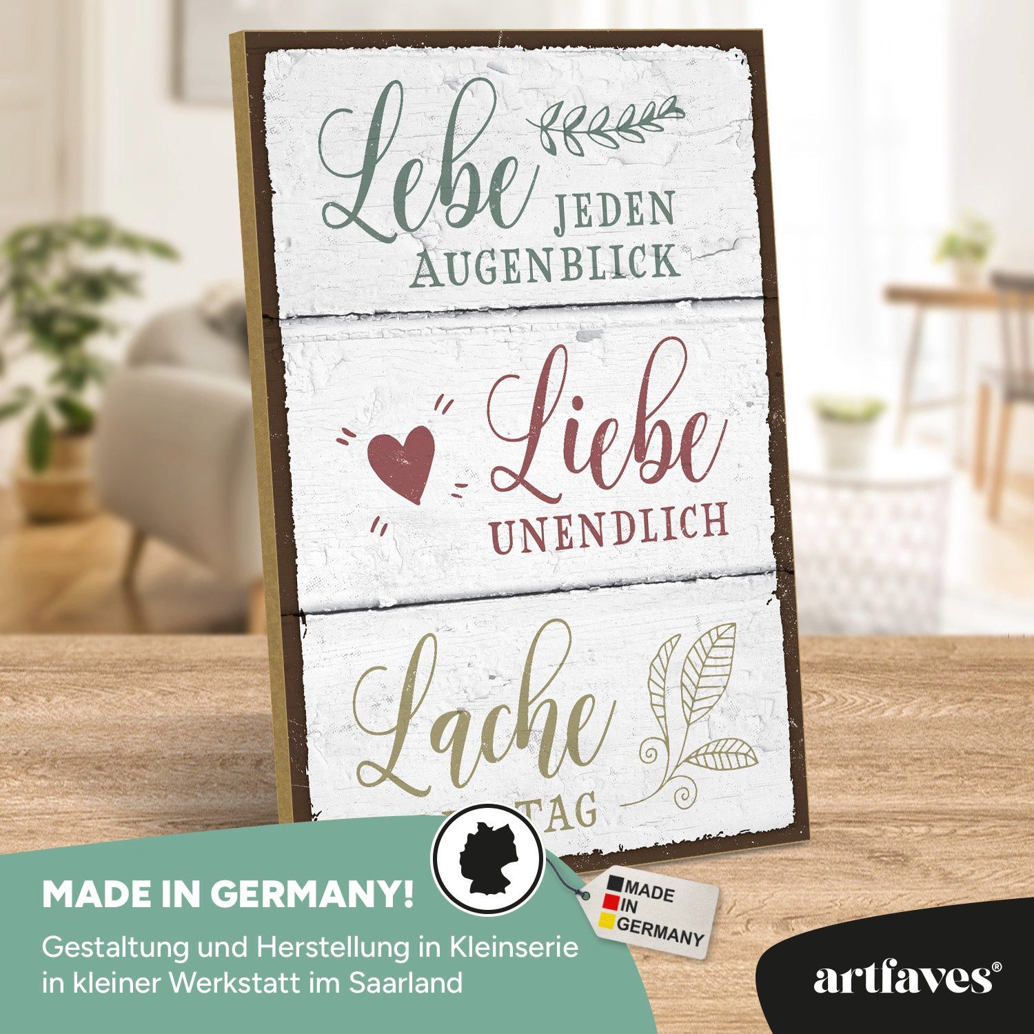 ARTFAVES Holzbild Schild mit Spruch - Lebe Liebe Lache - Glücklichsein, Fam günstig online kaufen