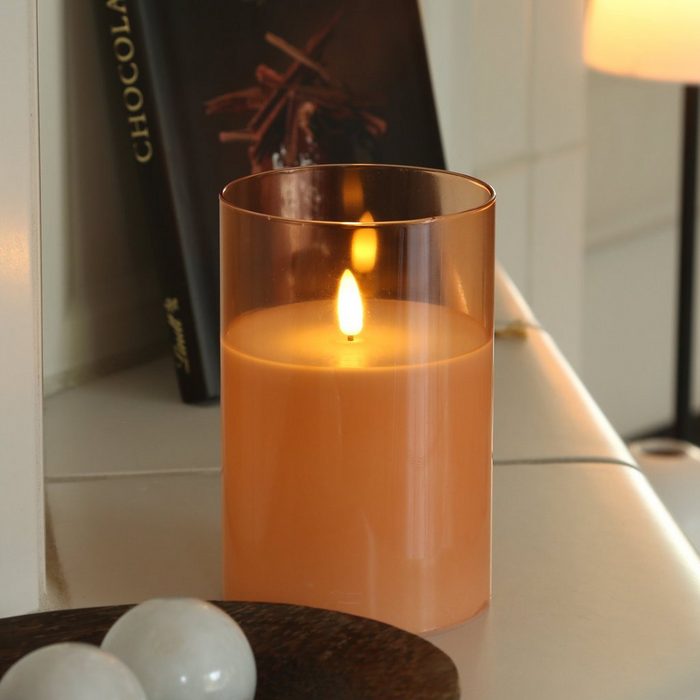 MARELIDA LED-Kerze LED Kerze Windlicht im Glas Echtwachs flackernd Timer H: 15cm rund orange
