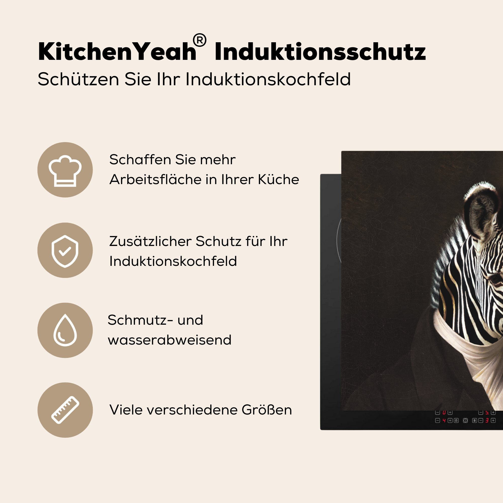 Porträt 78x78 küche - MuchoWow Herdblende-/Abdeckplatte cm, Kleidung, (1 Vinyl, - Ceranfeldabdeckung, Zebra tlg), Arbeitsplatte für