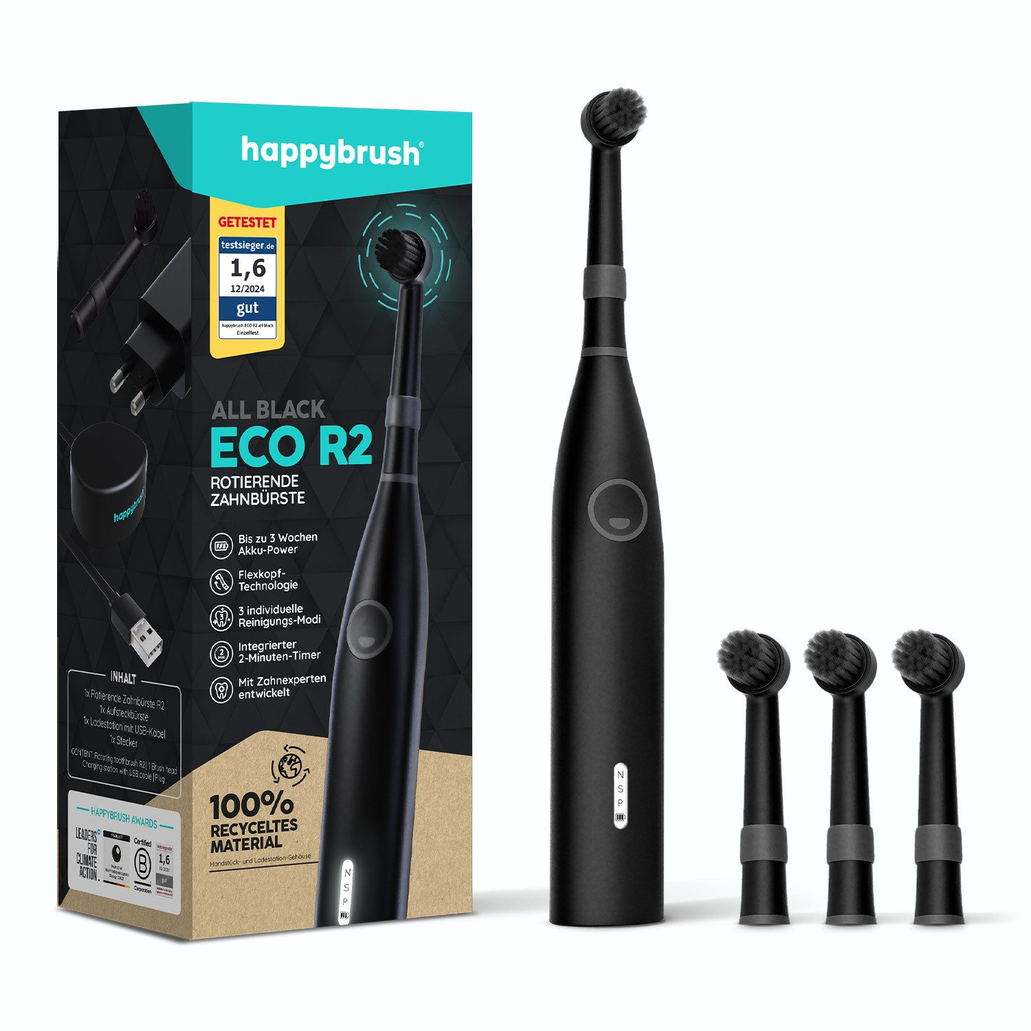 happybrush Elektrische Zahnbürste Eco R2 AllBlack Set, Aufsteckbürsten: 4 St., Eco R2, LED-Display, 3 Putzmodi, Soft-Touch, Travel-Lock