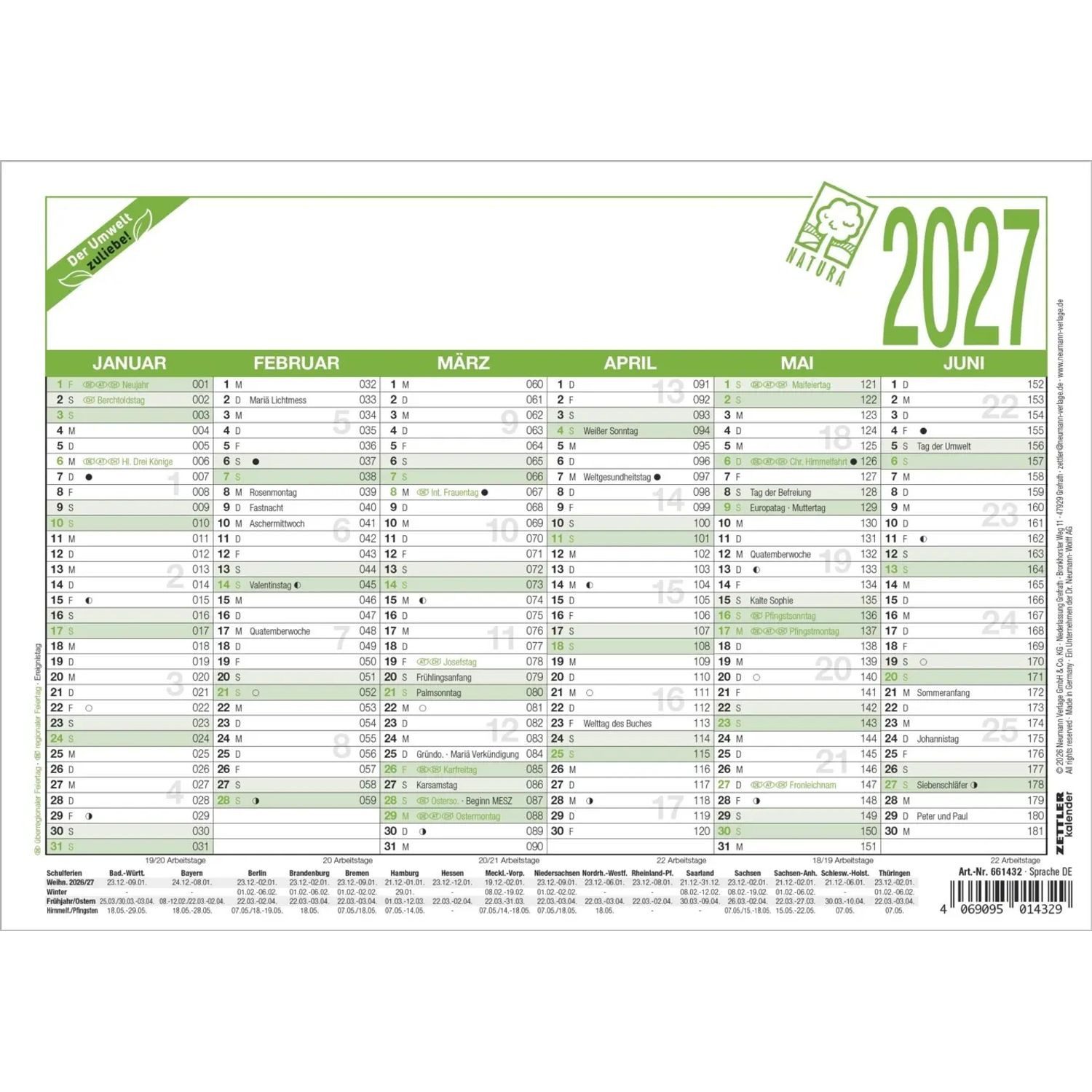 NEUMANN Wandkalender Arbeitstagekalender A5 Blauer Engel 2027