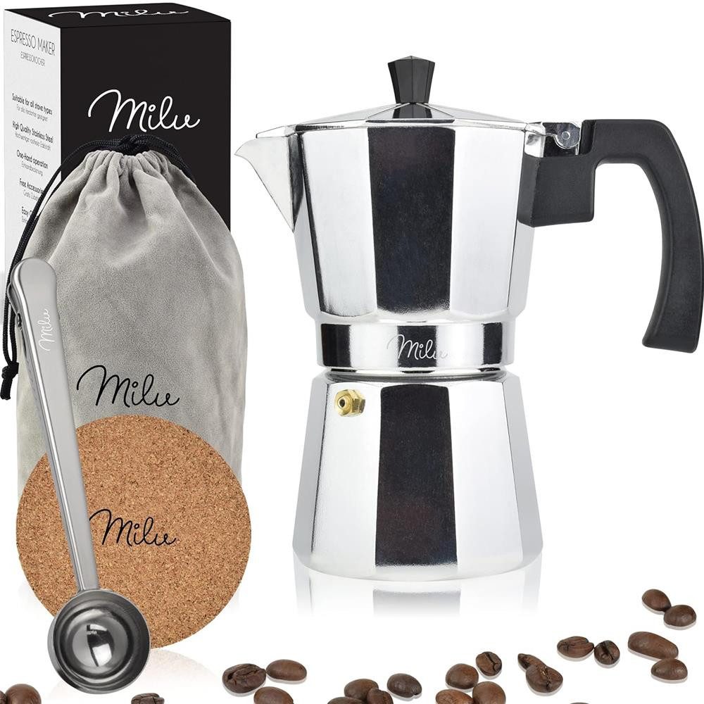 Milu Espressokocher, Aluminium klassisch 2 Tassen, 100 ml, 5-tlg. Set