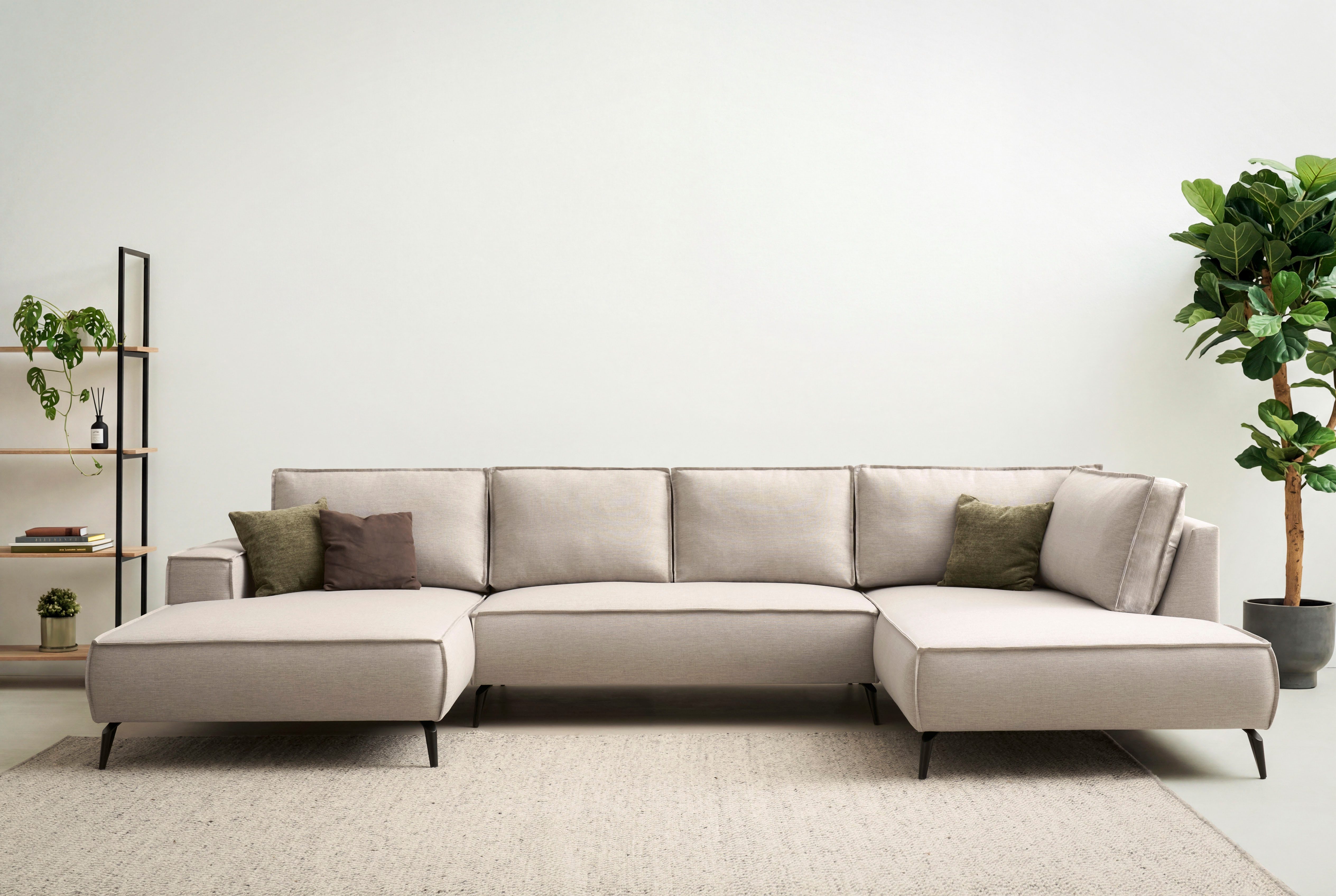 Home affaire Wohnlandschaft Tvinnu, moderne U-Form, Couch in Cord oder Webstoff in Leinenoptik, Recamiere rechts/links, schwarze Metallfüße, bequeme Sitz-/Liegefläche