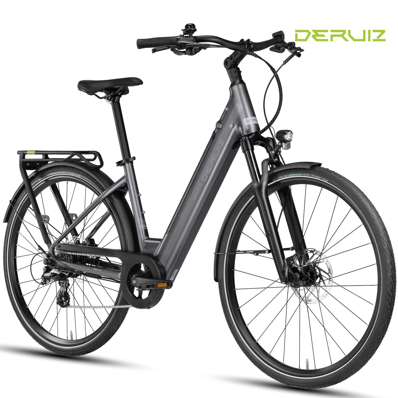 DERUIZ E-Bike Cityrad 28 Zoll Quartz /Quartz SUV 644 Wh, 161 km, Drehmomentsensor, 8 Gang Shimano Shimano Altus RD-M310, 8-Gang Schaltwerk, Kettenschaltung, Heckmotor, 644 Wh, (Federgabel mit Lockout, Drehmomentsensor, Farb-LCD-Display), 60-mm-Federweg, mit mechanischem Lockout, Drehmomentsensor