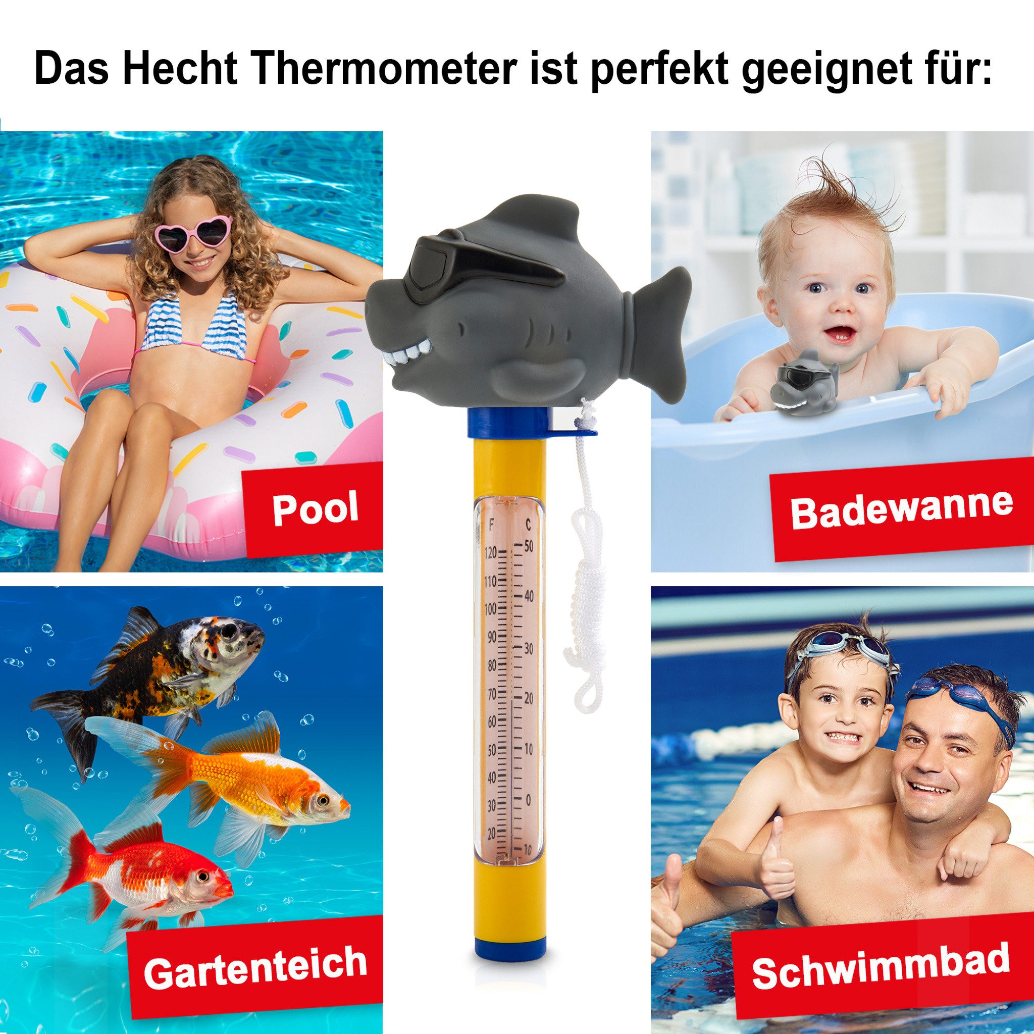 Hecht Badethermometer mit reißfesten Band Celsius 0-50°C, Ideal für Pools, Badewannen, Schwimmbäder und Teiche