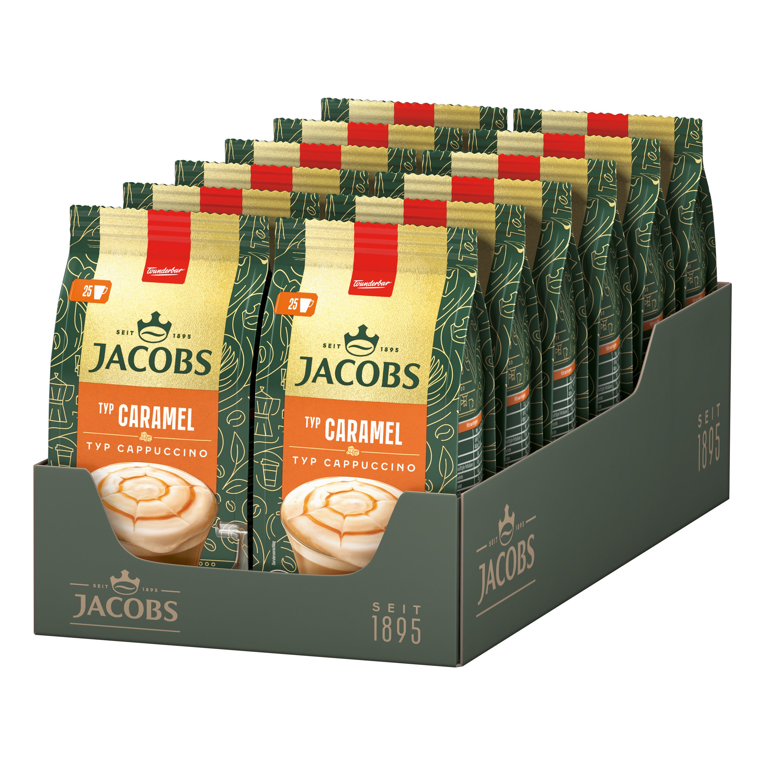 JACOBS Kaffee Löskaffee TYP CARAMEL CAPPUCCINO Karamell Geschmack 12 x 360g Beutel, (Packung, 12er Pack)