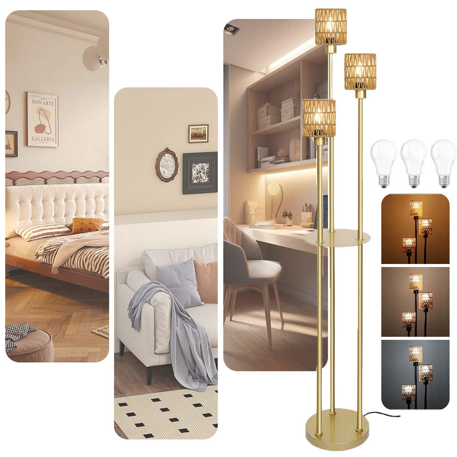 LED Stehlampe 40W Rattan Stehlampe 3 kopf Leuchtmittel,  Dimmbar, Fußschalter & Regal