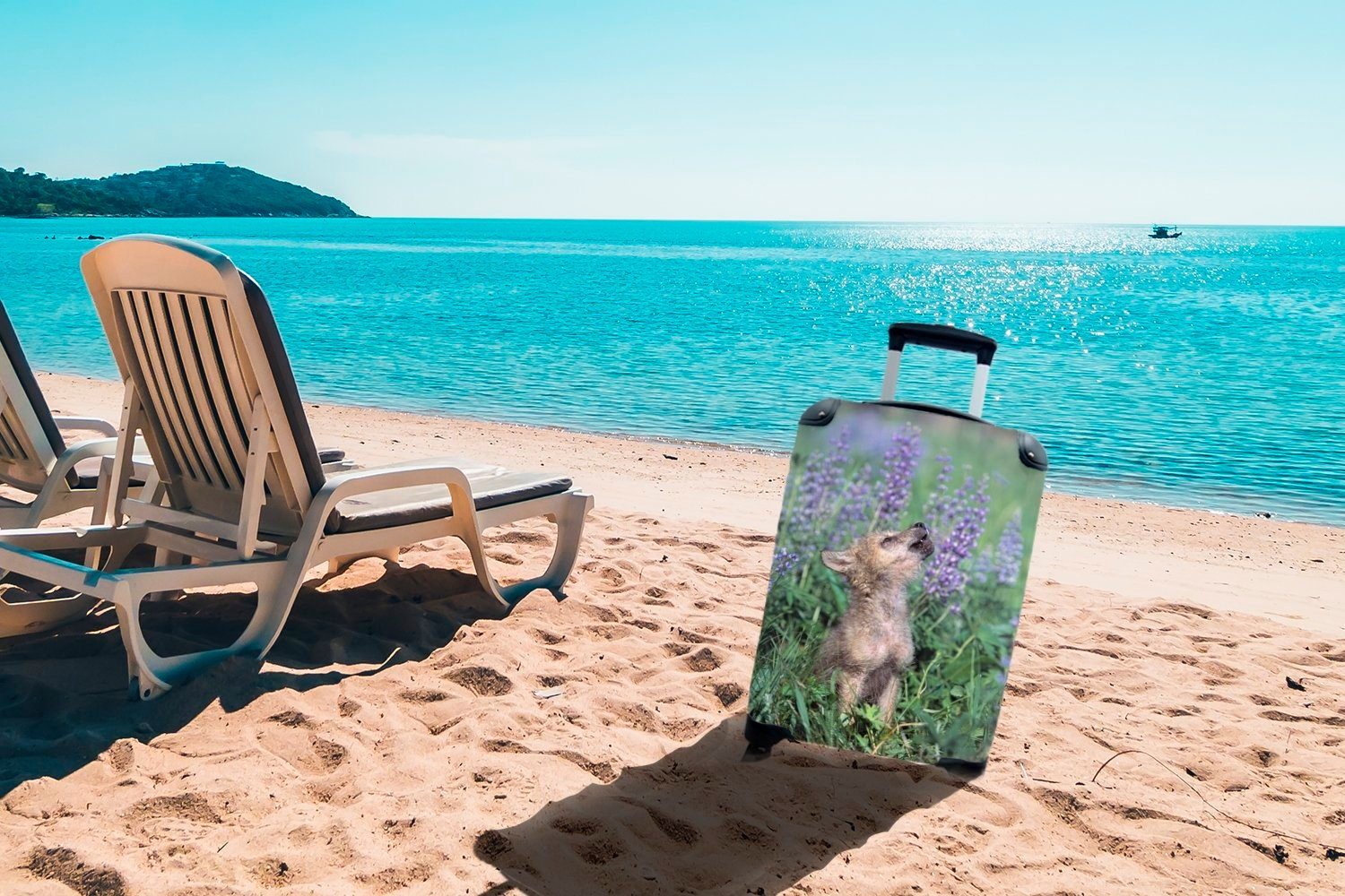 MuchoWow Handgepäckkoffer Wolf - Rollen, rollen, Trolley, Handgepäck Reisekoffer Welpe - Reisetasche Ferien, 4 für mit Blumen