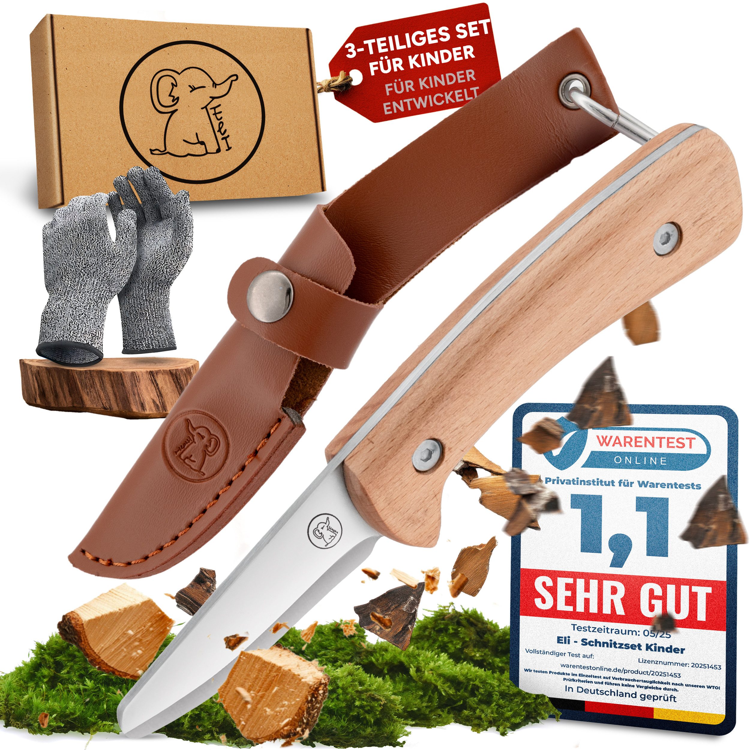 Eli Taschenmesser Schnitzmesser Kinder - Kindermesser mit Ledertasche - Schnitzwerkzeug, (Kindertaschenmesser - Outdoor Messer, Kinderschnitzmesser - Griffe aus Buchenholz), inkl. schnittfeste Handschuhe - Beidhändig - rostfreier Stahl
