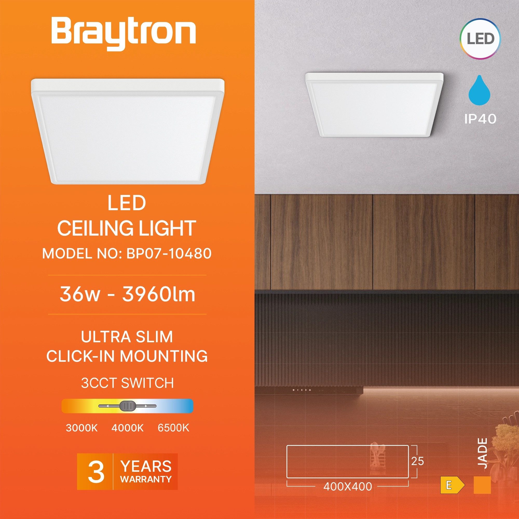 Braytron LED Deckenleuchte Panel eckig ultraflach 36W 2600lm 40x40cm 3in1 CCT, LED fest integriert, Neutralweiß, Kaltweiß, Warmweiß, Farbtemperatur einstellbar (3in1 CCT)