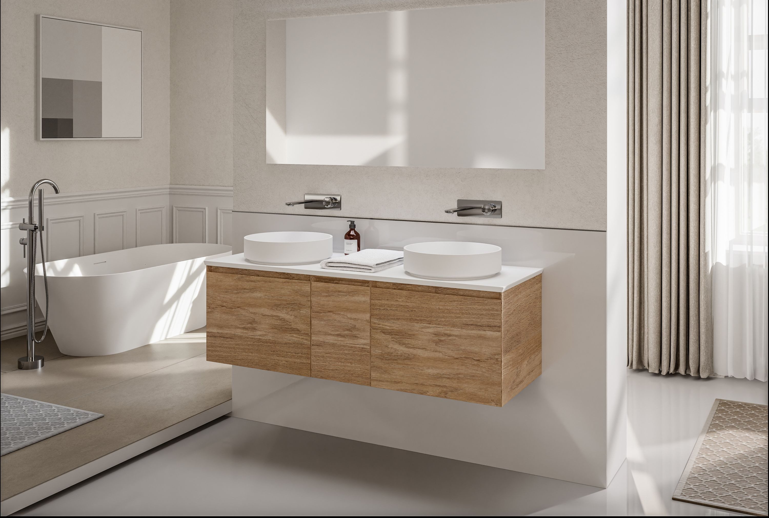 Bernstein Waschbeckenunterschrank INALCO Eiche Natur 150cm 3 Auszüge Waschtischunterschrank Set mit Mineralguss Platte 3 Auszüge