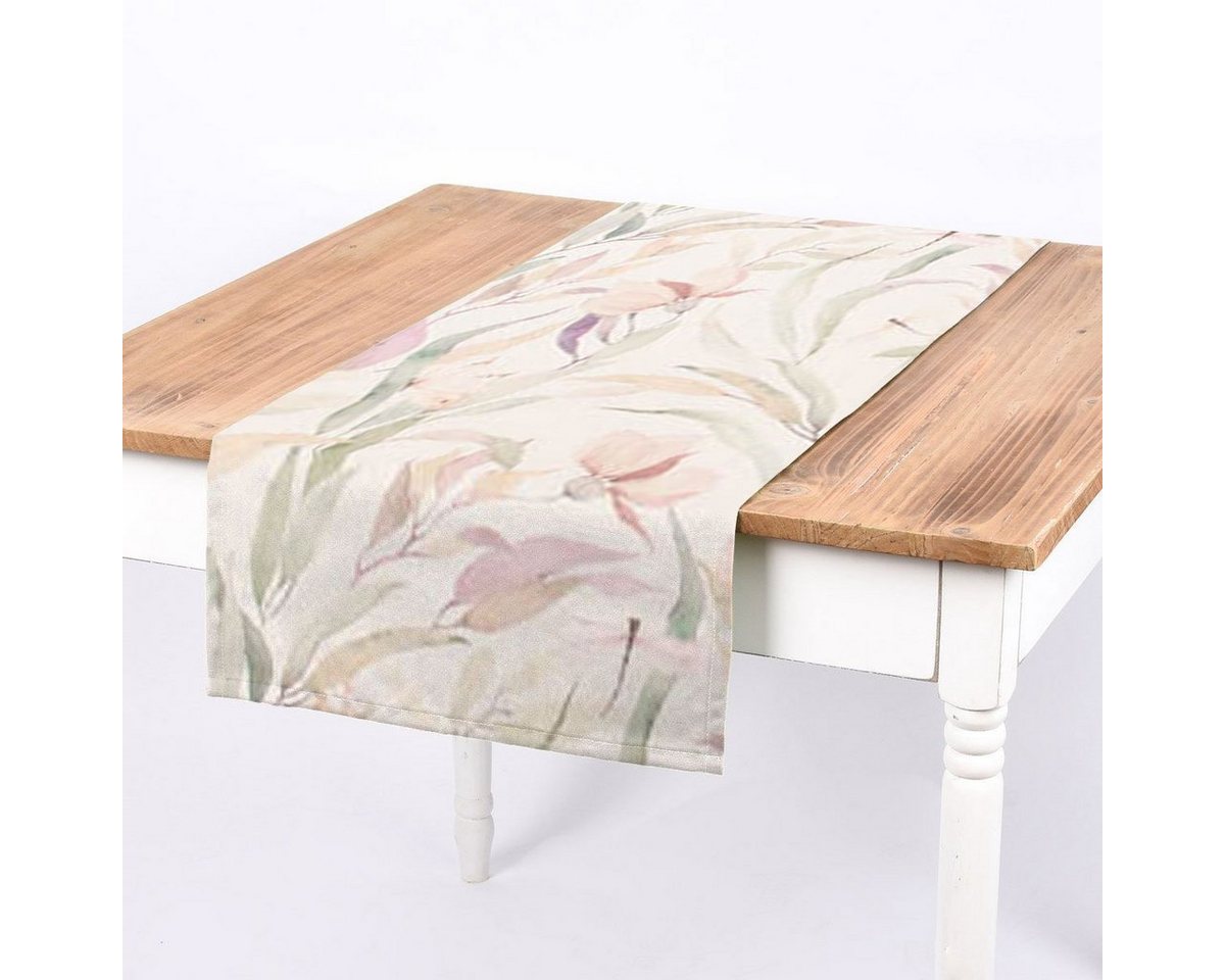 SCHÖNER LEBEN. Tischläufer Digitaldruck Blätter weiß pastell 40x160, made in Germany,handmade
